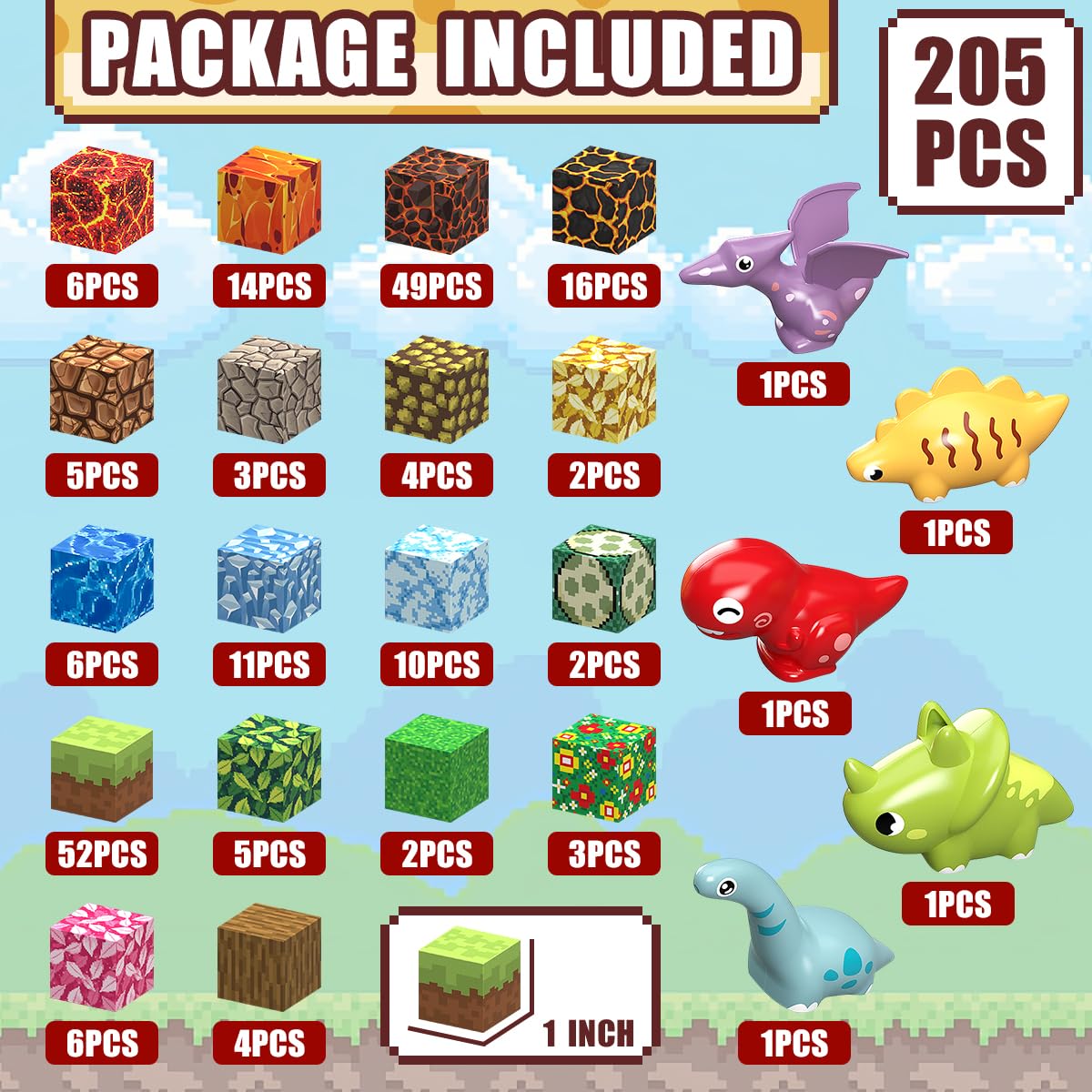 205Pcs Magnetic Blocks Dinosaur Building Set, 1 Inch Magnetic Building Blocks Magnet Dinosaur Building Toy Set Magnet Constructions Stacking Sensory STEM Toys for Toddler Boys Girls Christmas Birthday