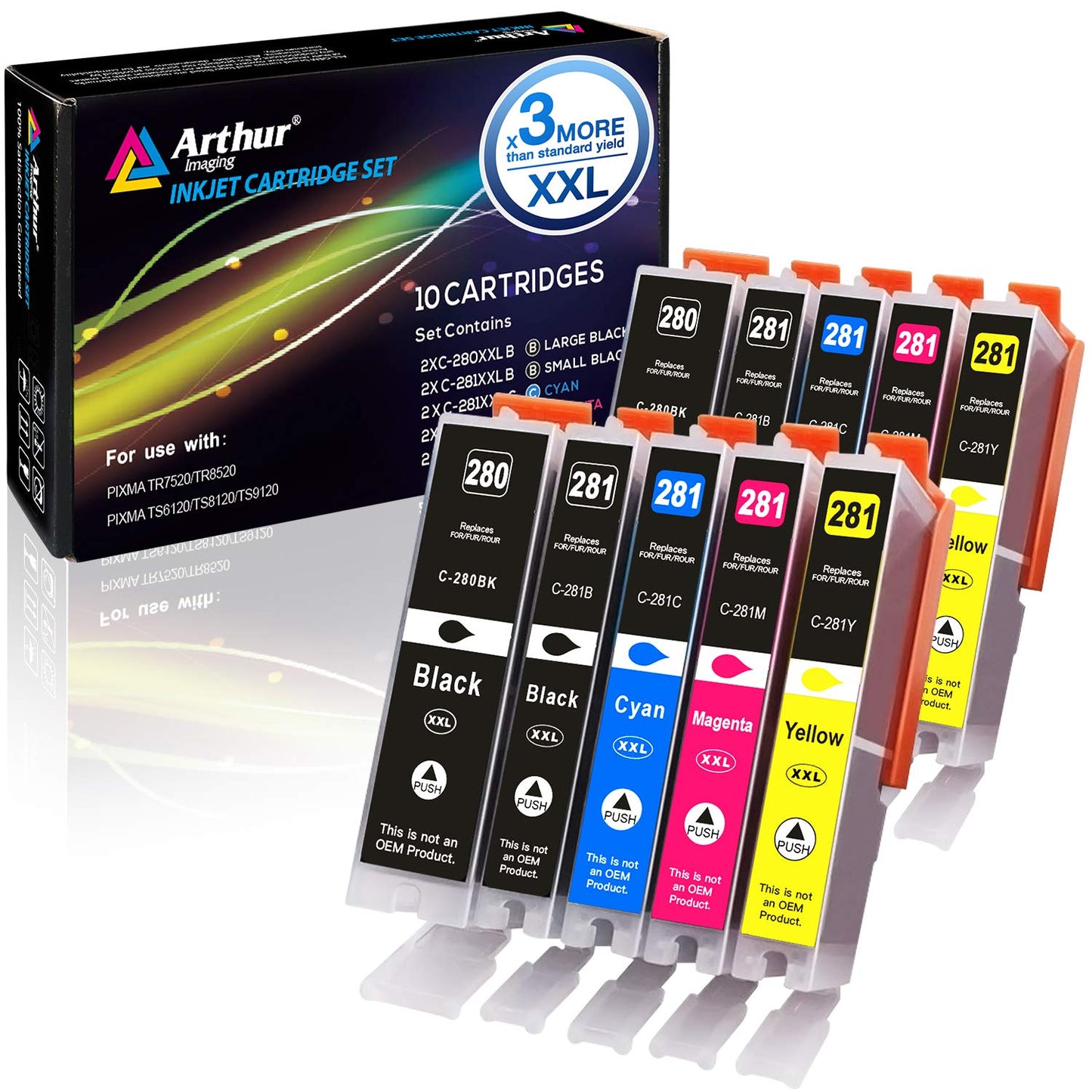 Arthur Imaging Compatible Canon Ink cartridges 280 and 281 Replacement PGI-280XXL CLI-281XXL PGI 280 XXL CLI 281 XXL PIXMA TR7520 TR8520 TS6120 TS6220 TS8220 TS9120 TS9520 TS9521C Printer (5 Pack)