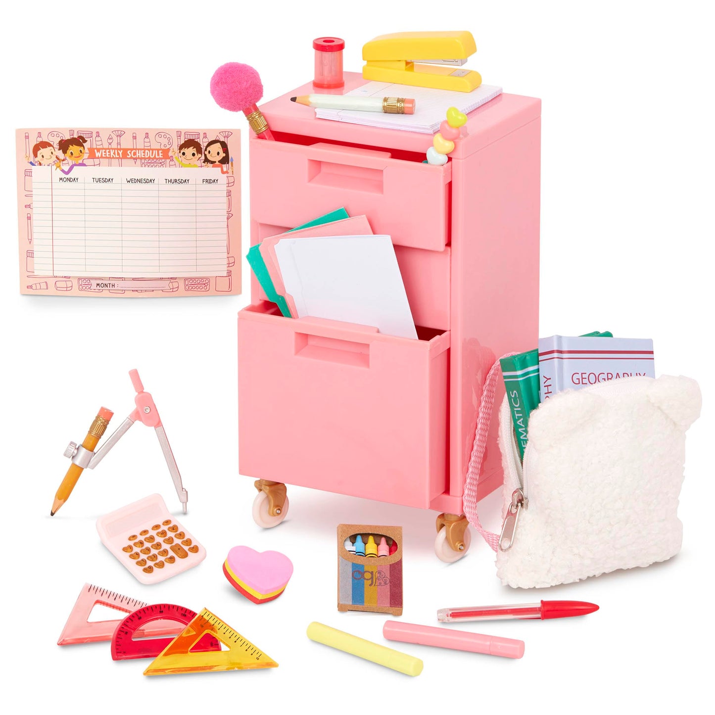 Our Generation – 18" Doll Accessories – Classroom Filing Cabinet – Furry School Bag & School Supplies – Pretend Play Toys – Kids Ages 3 Years Old & Up – Ready, Set, Learn!