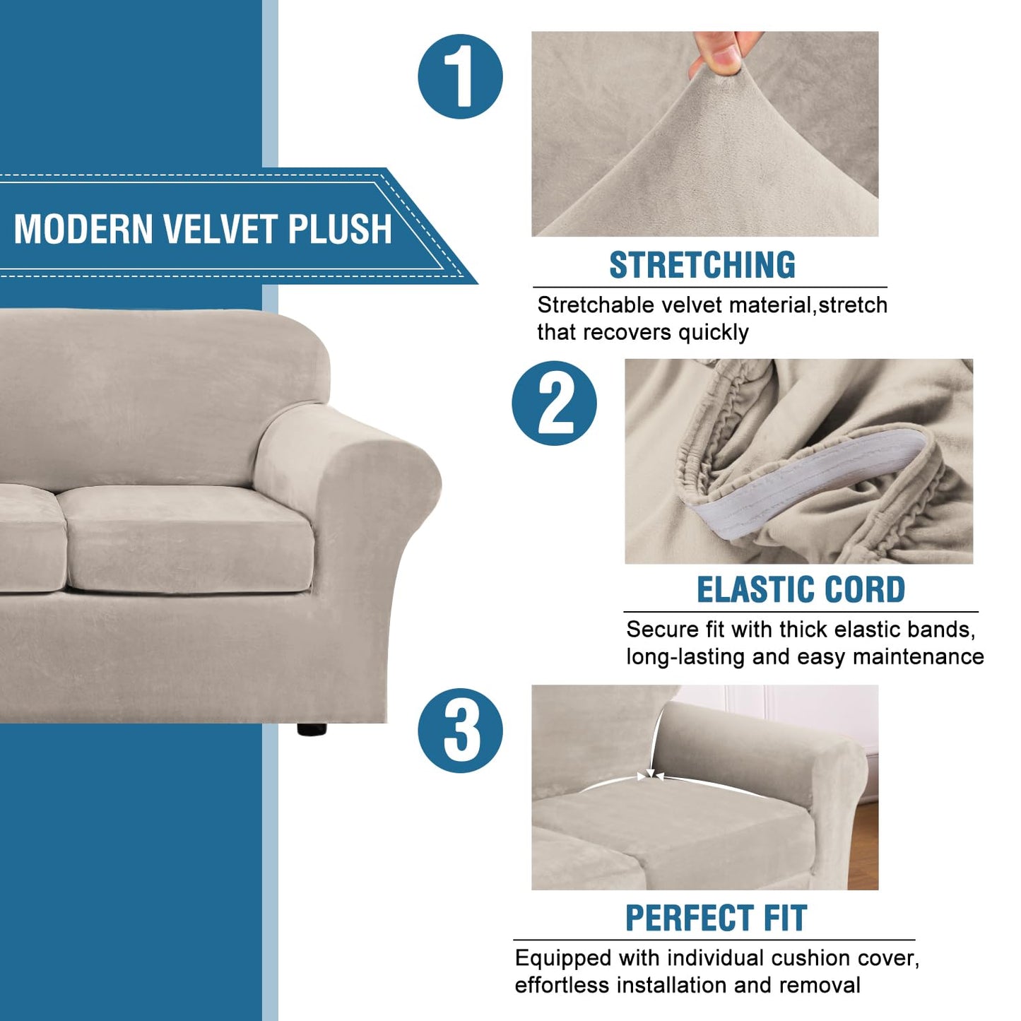 H.VERSAILTEX 4 Pieces Thick Velvet Sofa Covers for 3 Cushion Couch High Stretch Sofa Slipcovers Furniture Protector Housse Divan Couch Cover for Pets Dogs Width Up to 90 Inch (Sofa, French Oak)