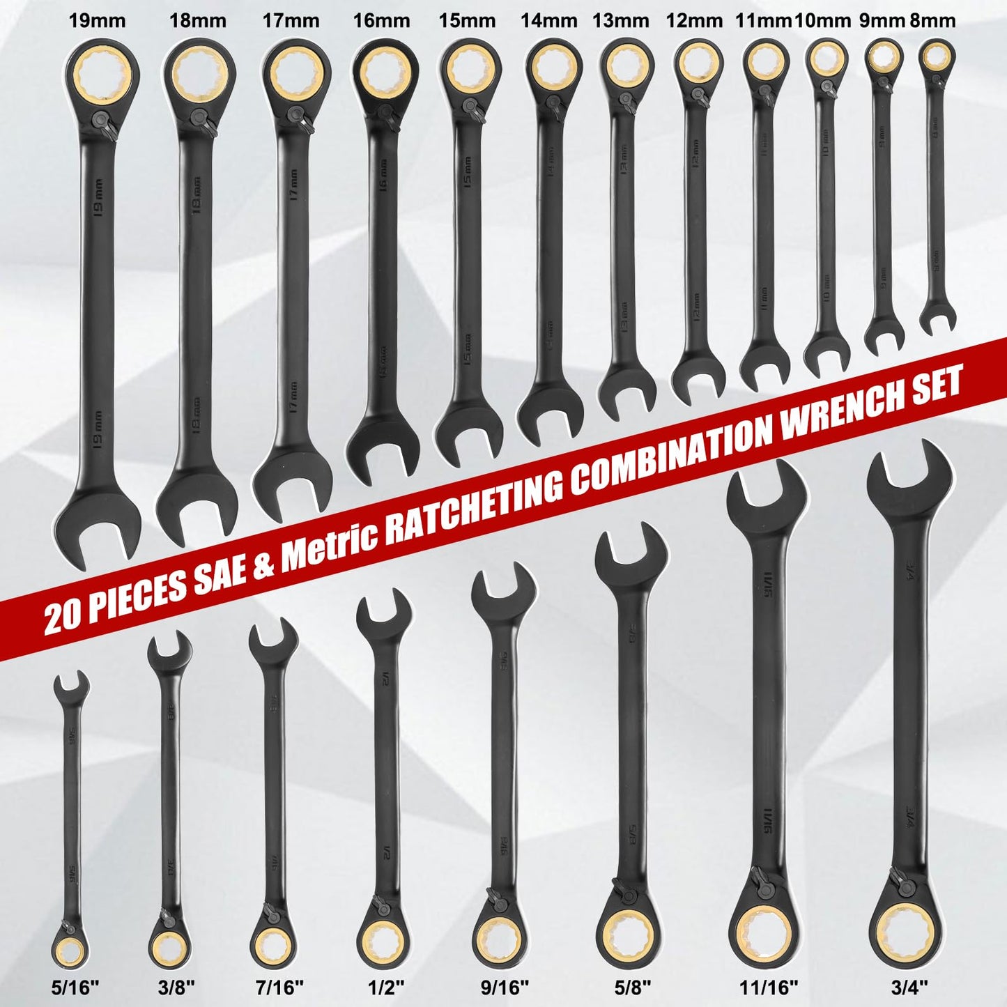 EMENTOL 20-Piece Ratcheting Wrench Set, Metric 8-19mm & SAE 5/16-3/4″, 72 Teeth, Heavy-Duty Combination Wrenches, CR-V Steel, Includes Portable Plastic Case