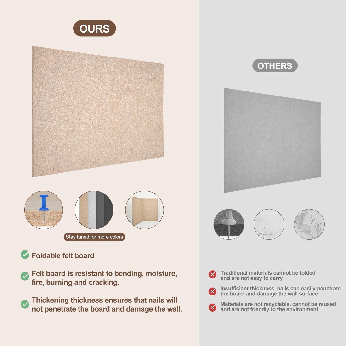 PTPDgPg Thickened Bulletin Board - 24X16 in | Felt Cork Boards for Decorating Walls | Foldable Photo Display with Sticky Tape and 30 Push Pins | Notice Board for Office,School and Home | Camel 2Pcs