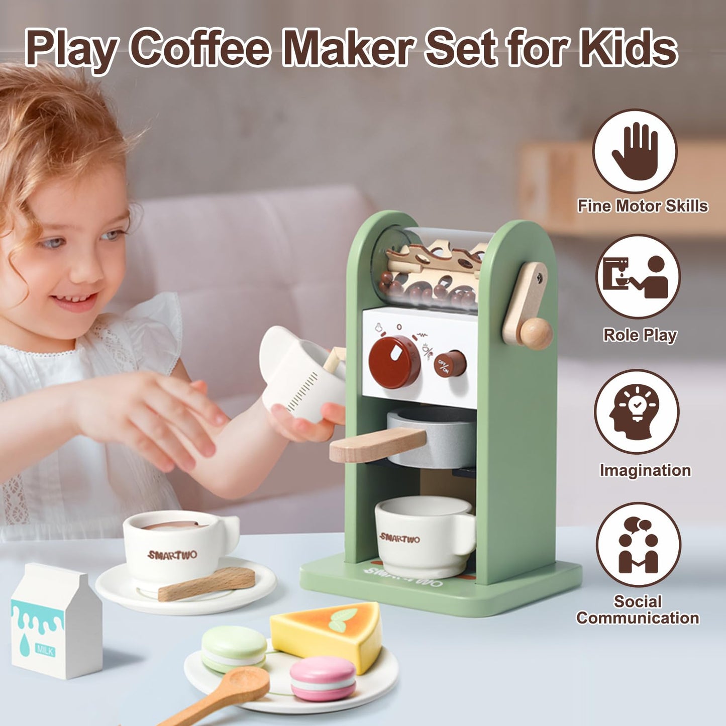 Smartwo Montessori Toy of Coffee Maker Playset, Wooden Kitchen Accessories Play Food for Toddler Pretend Play, Choice for Boys and Girls 3 4 5 6 Years Old