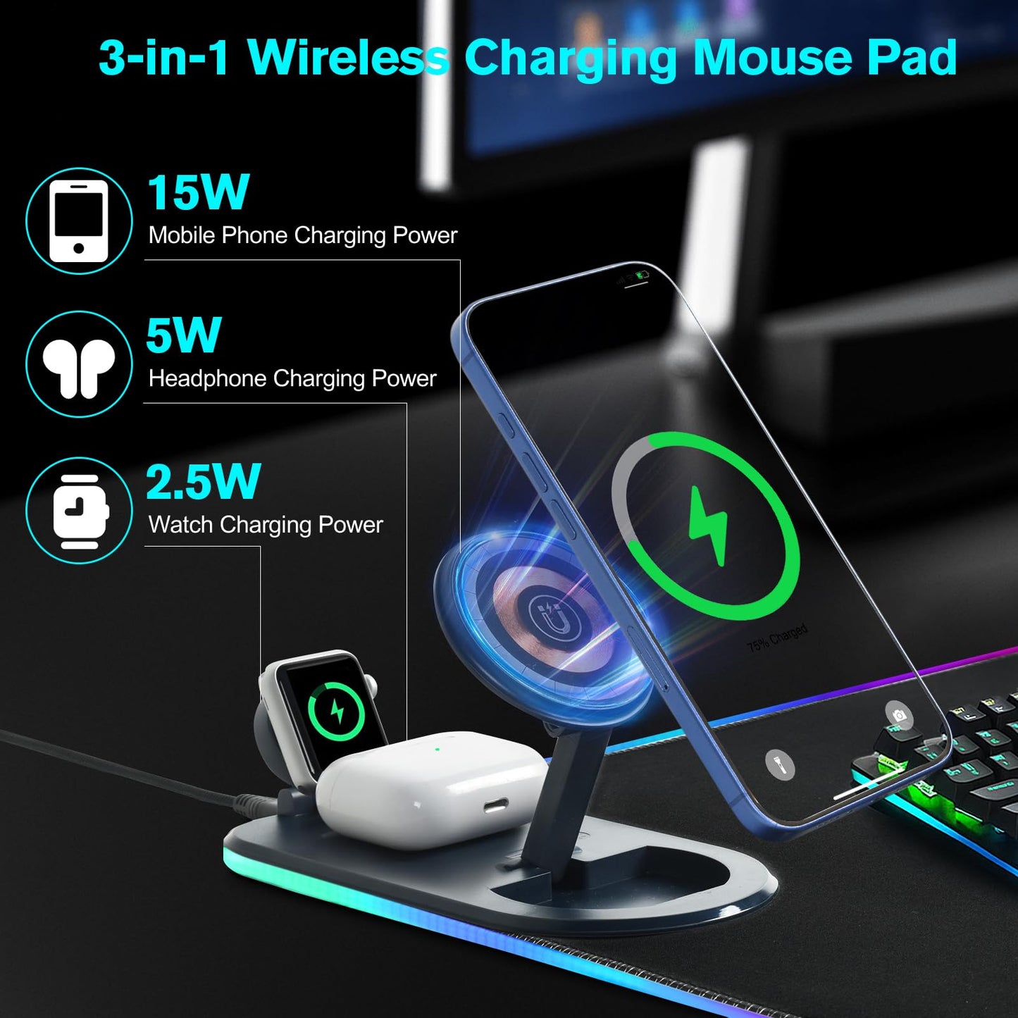 ELUTENG 4-in-1 RGB Gaming Mouse Pad with Wireless Charging & Phone Holder, 31.5"x11.81" Large Waterproof Desk Mat, Ultra-Smooth Non-Slip Keyboard Pad for Home & Office