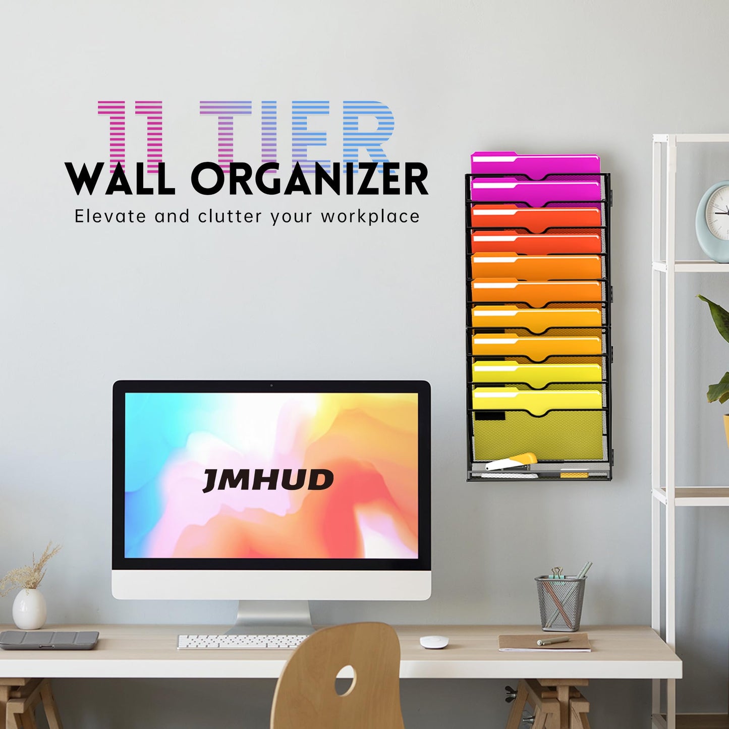 JMHUD Wall File Organizer, 11-Tier Mesh Hanging File Organizer for Papers, Folders, Files Clipboard & Magazine Organization, Assembly Needed, Ideal Wall Organizer for Office Home, Black