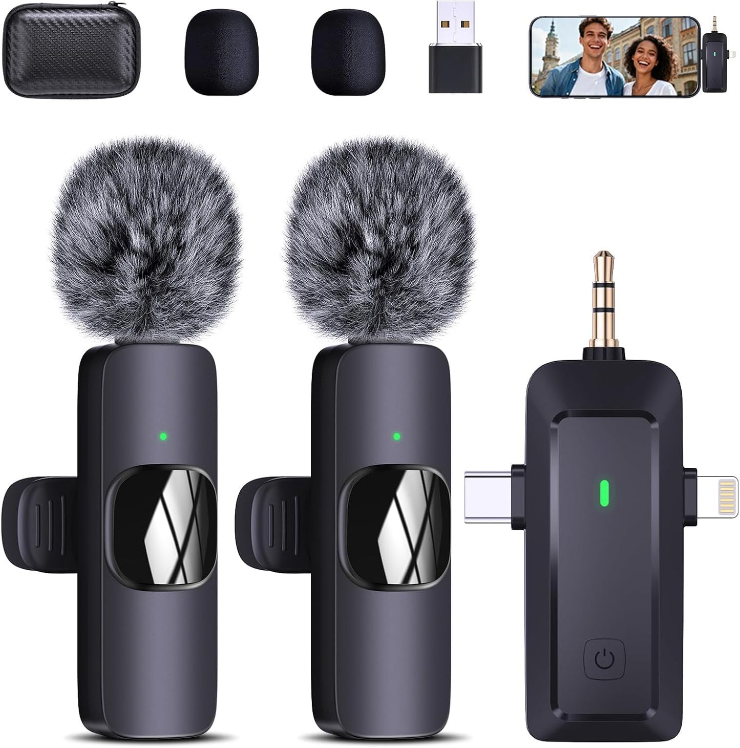 Wireless Lavalier Microphone for iPhone/Android/Camera/Computer - 4 in 1 Clip-on Microphone with Noise Reduction for Outdoor Vlogging, Interview, TikTok, Live Streaming, Video, Vocal Microphones