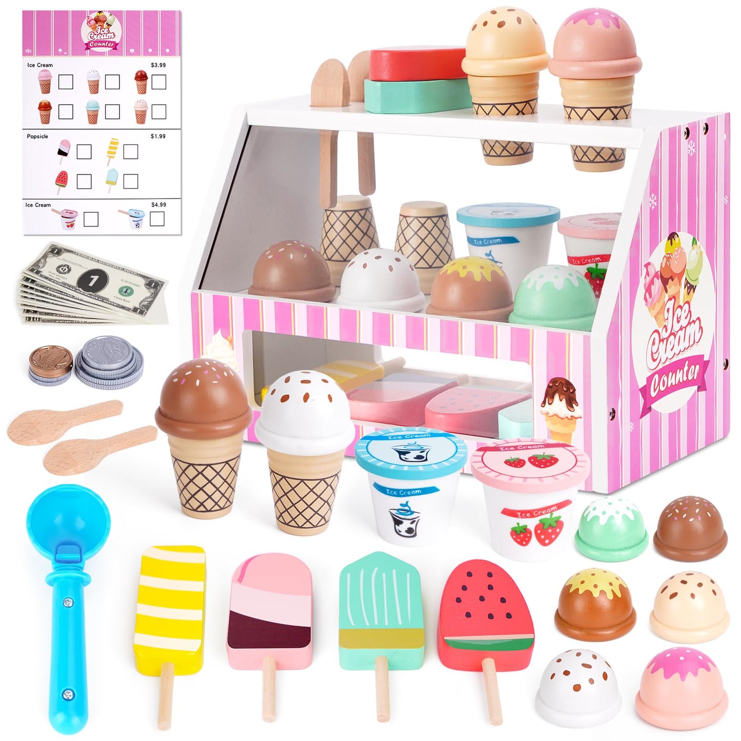 Ice Cream Toy, Wooden Pretend Play Toys Play Store for Kids, Wooden Ice Cream Play Set with Scoop, Fake Money, Menu, Ice Cream Toys Play Kitchen Food Gifts for 3 4 5 6 Year Old Toddlers Girls Boys