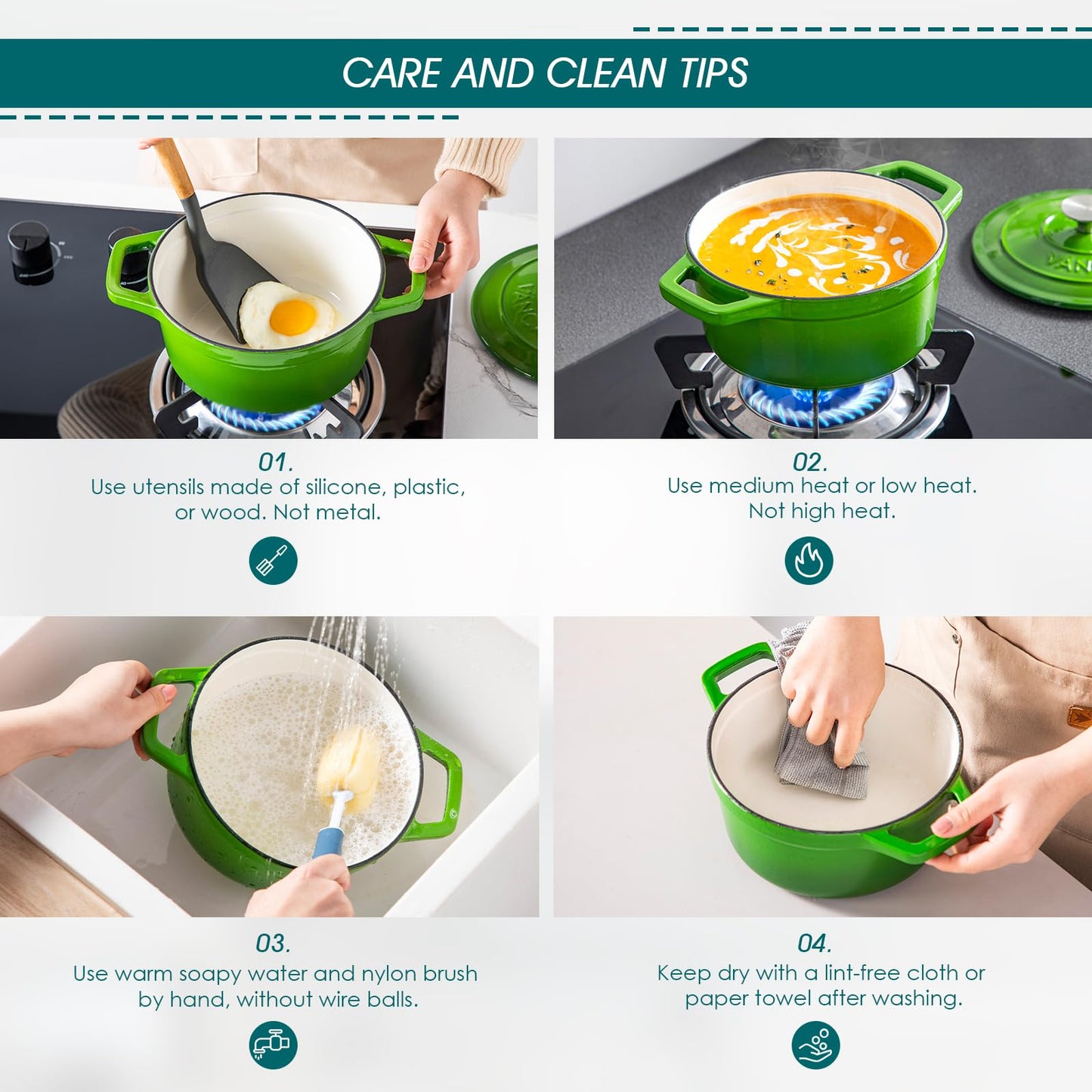 vancasso Green Enamelled Casserole 2 L Cast Iron Casserole Pot Non-Stick Oven Safe Induction Cookers For Stew Soup with Lid 20cm Round