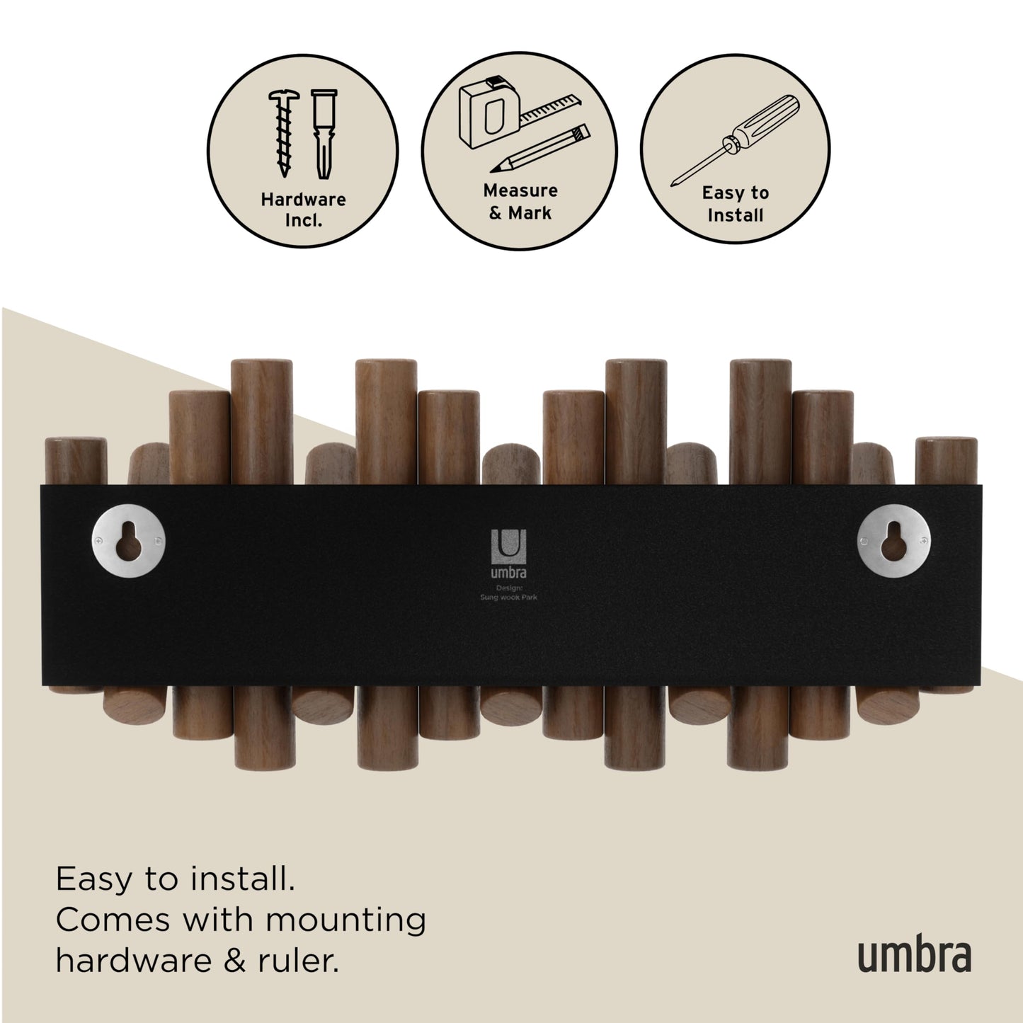 Umbra Picket Wall-Mounted Coat Rack Rail Hook with 5 Retractable Wood Pegs – Modern, Space-Saving Storage Organizer, Walnut