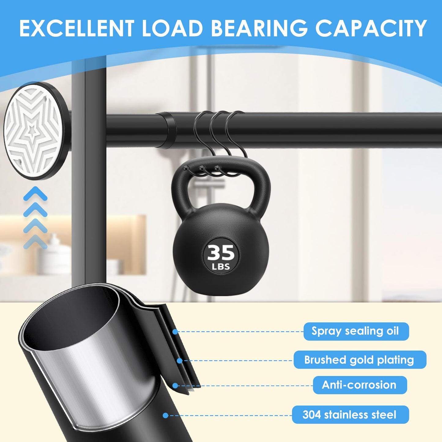 Tension Curtain Rod Extra Long Outdoor Curtain Rod Black Shower Curtain Rods No Drilling 31-168 In（2.58-14Ft）Adjustable Spring Tension Rods Heavy Duty for Bathroom Patio Window Rust Proof
