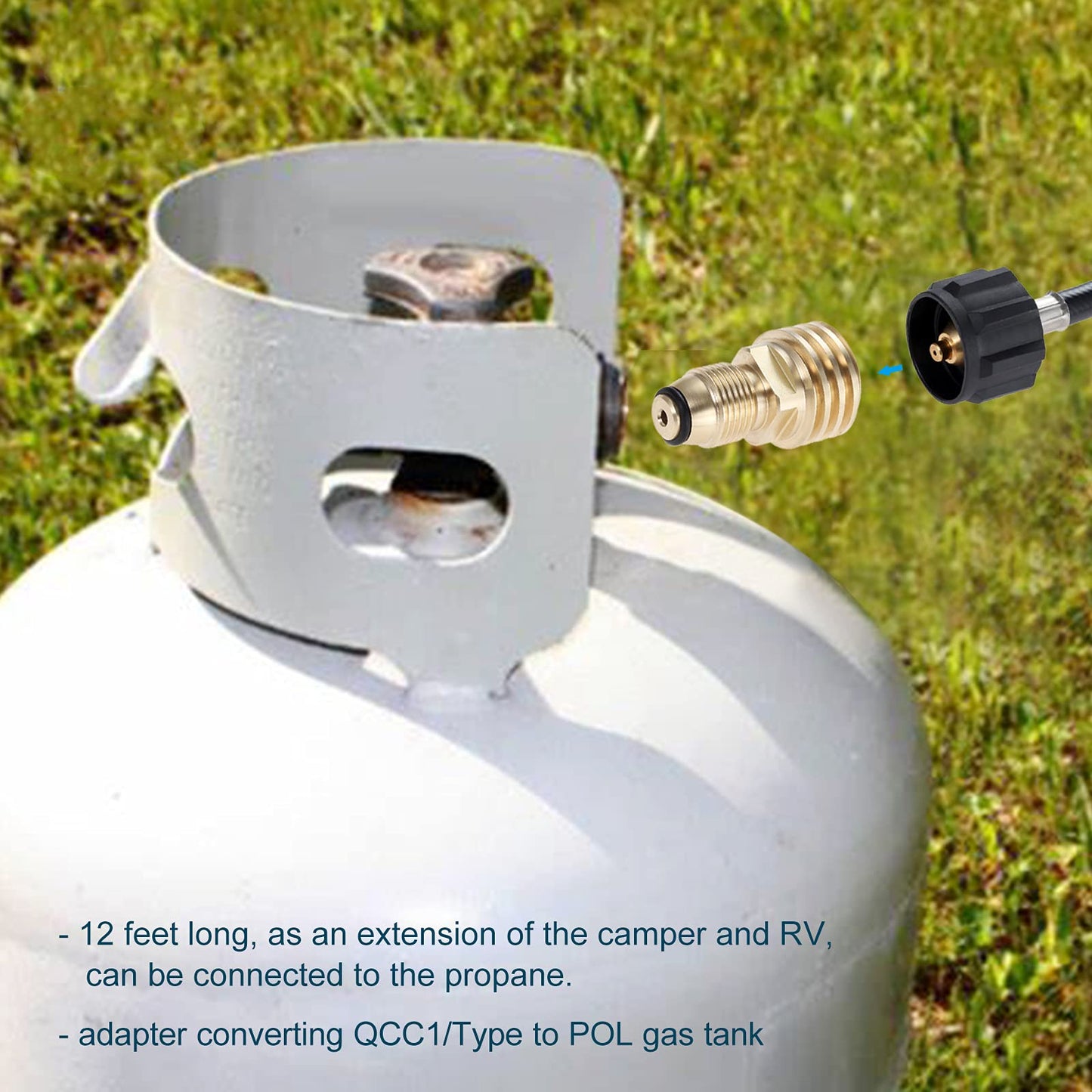 12 Feet Propane Extension Hose with Gauge, Tank Adapter Converts POL LP Tank to Male QCC1 / Type1 Fittings for RV, Stove, Gas Grill, Heater, Fire Pit, More Propane Appliances