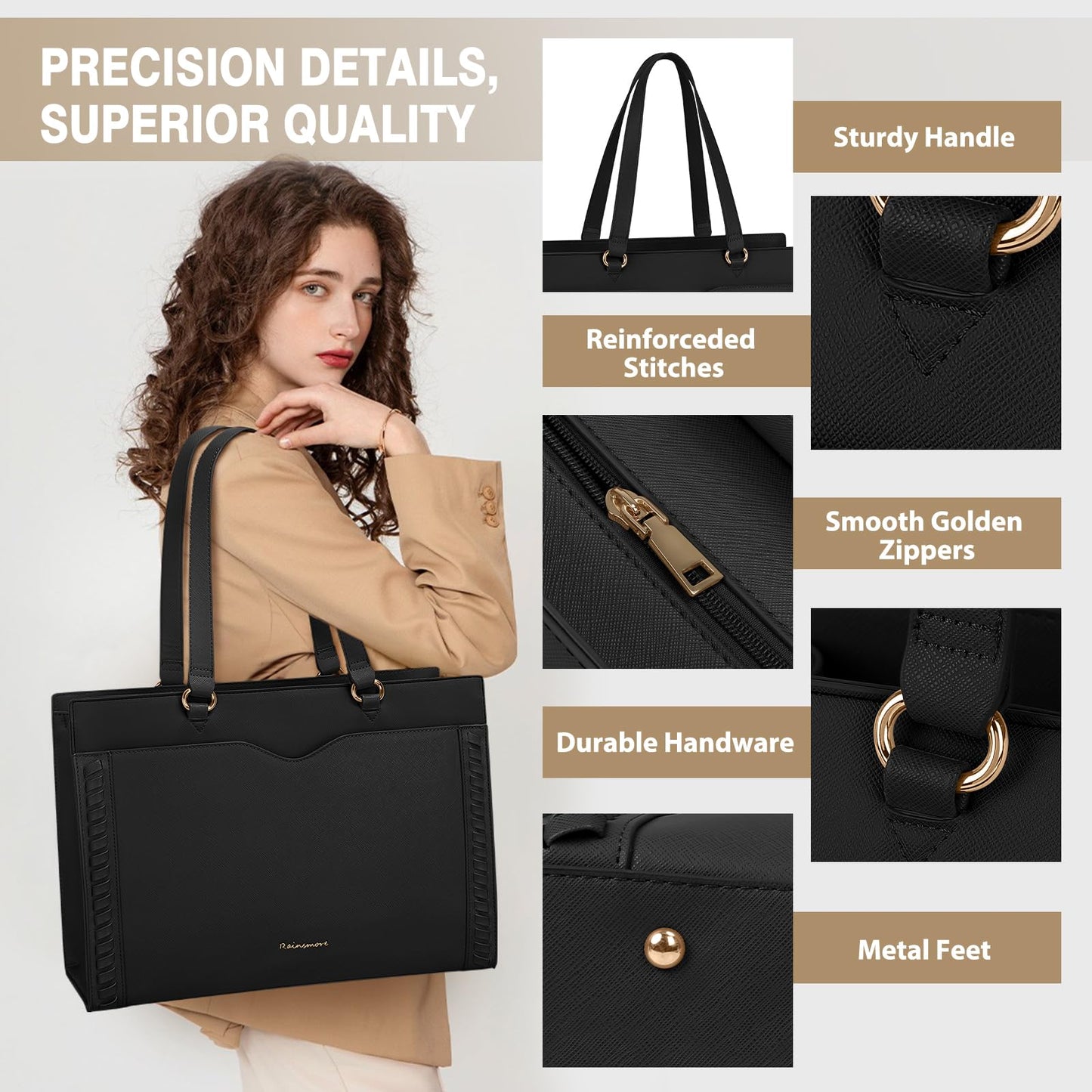 RAINSMORE Laptop Bag for Women 15.6 Inch Work Tote Bag for Women with Detachable Strap & Bow Leather Professional Laptop Tote with Cup Holder, Office Business Briefcase Large Handbag，All Black