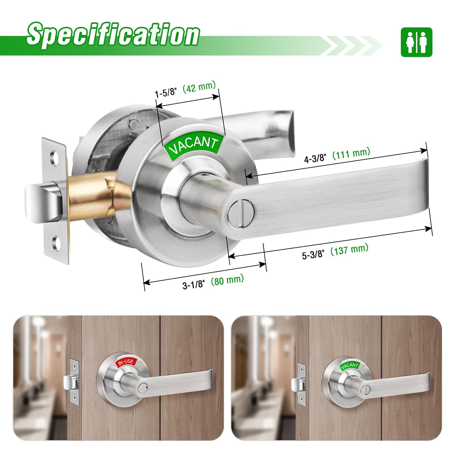 Feeloco Indicator Privacy Lock and Door Lever, Vacant Occupied Bathroom Lock with Privacy in-Use or Vacant Indicator, ANSI Grade2 Commercial Door Handle Lock for Public Restrooms