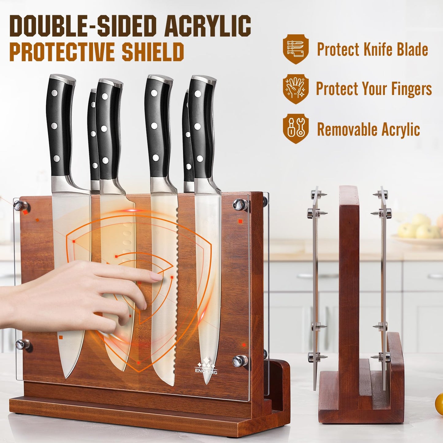 ENOKING Magnetic Knife Block with Acrylic Shield 12 x 9 Inches, Double Side Kitchen Knife Holder Without Knives- Acacia Wood Universal Knife Storage Organizer with Powerful Magnet for Kitchen Counter