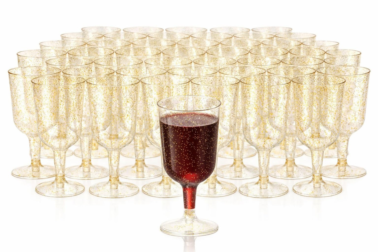 MATANA 50 Elegant Clear Hard Plastic Wine Glasses with Gold Glitter (170ml) - Sturdy & Reusable - Birthdays, Weddings, Christmas, New Year's Eve Celebrations, BBQ, Picnic, Parties