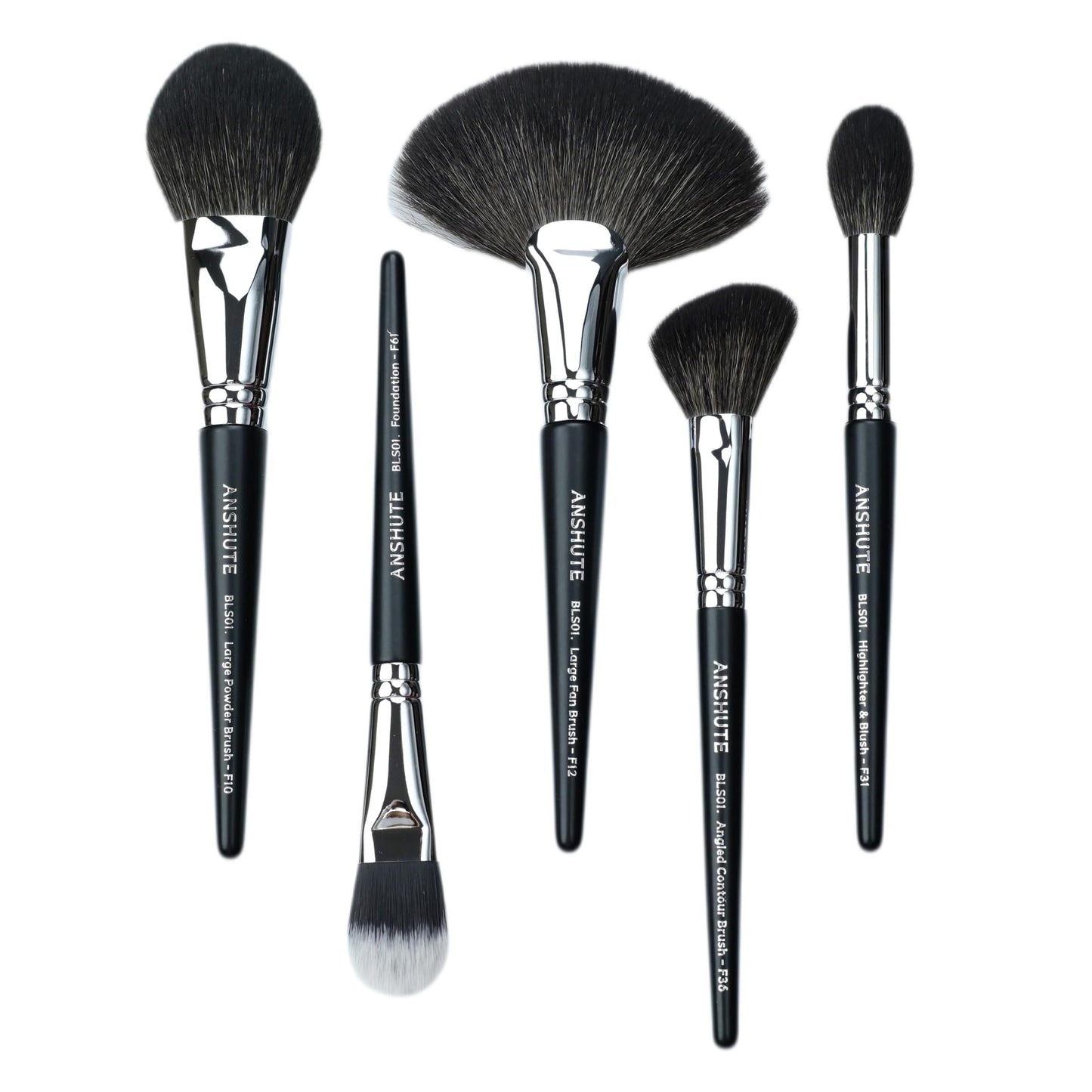 Anshute 5-Piece Professional Natural Goat Hair Makeup Brush Set – Face Brushes for Powder, Blush, Contour, Highlighting & Foundation. Super Soft Bristles, Variety of Brushes. Labled Brush Handle