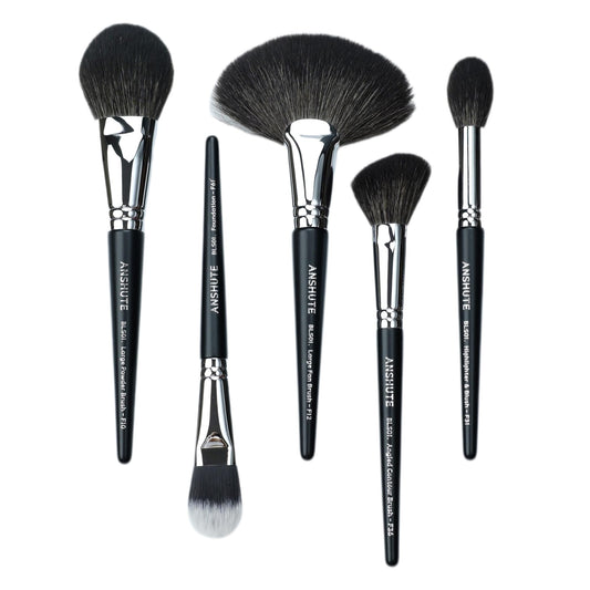 Anshute 5-Piece Professional Natural Goat Hair Makeup Brush Set – Face Brushes for Powder, Blush, Contour, Highlighting & Foundation. Super Soft Bristles, Variety of Brushes. Labled Brush Handle