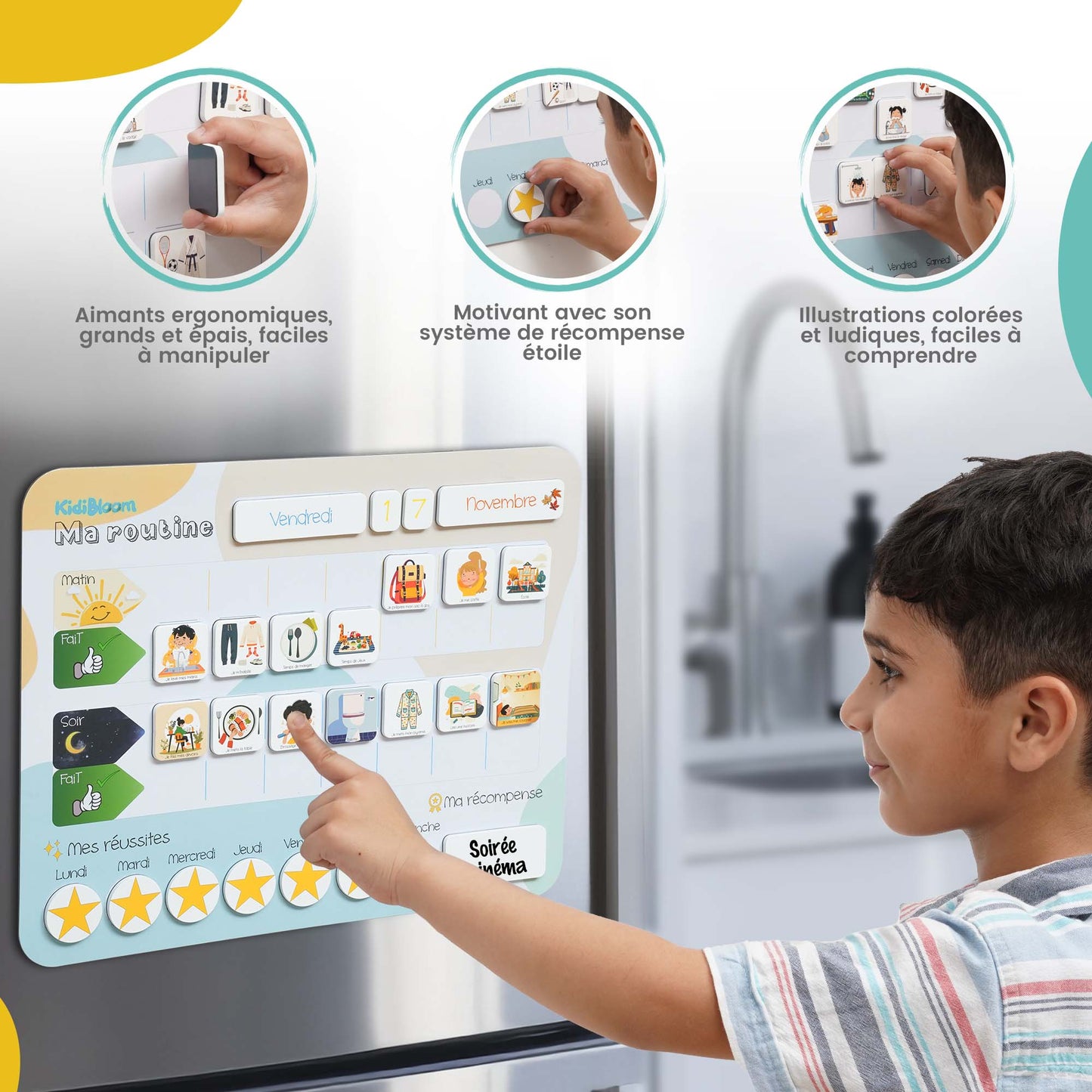 Tableau de Routine Pour Enfant en français - 92 aimants inclus - pictogramme Routine - Chore Chart for Kids - Reward Chart for Kids - ADHD Tools - Responsibility Chart for Kids