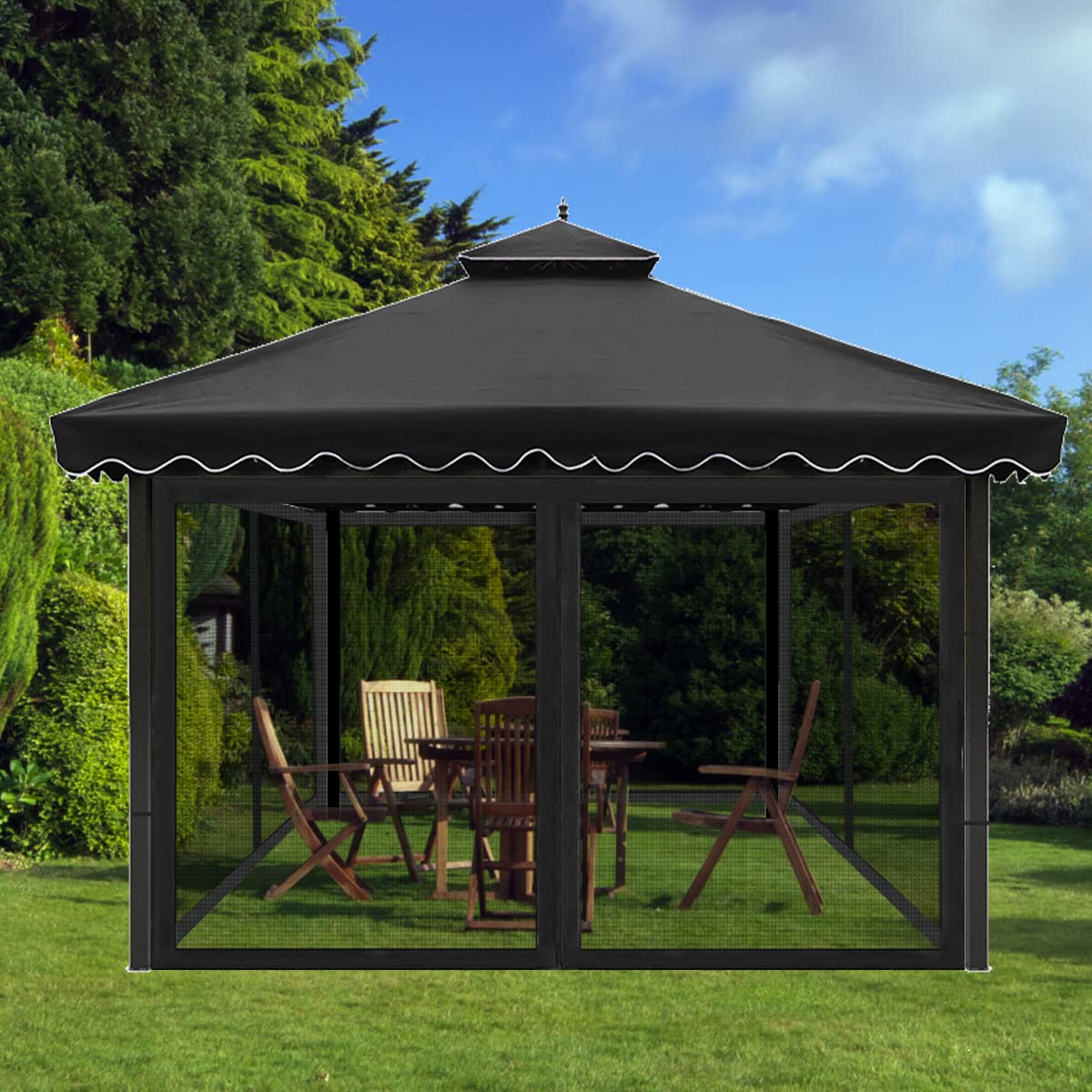 Homegroove Replacement Mosquito Netting for 10x10ft Gazebo, Universal Mosquito Netting for Patio Garden Yard, 4-Panel Outdoor Mesh Netting Screen with Zipper, Upgraded Flame Retardant Material Black
