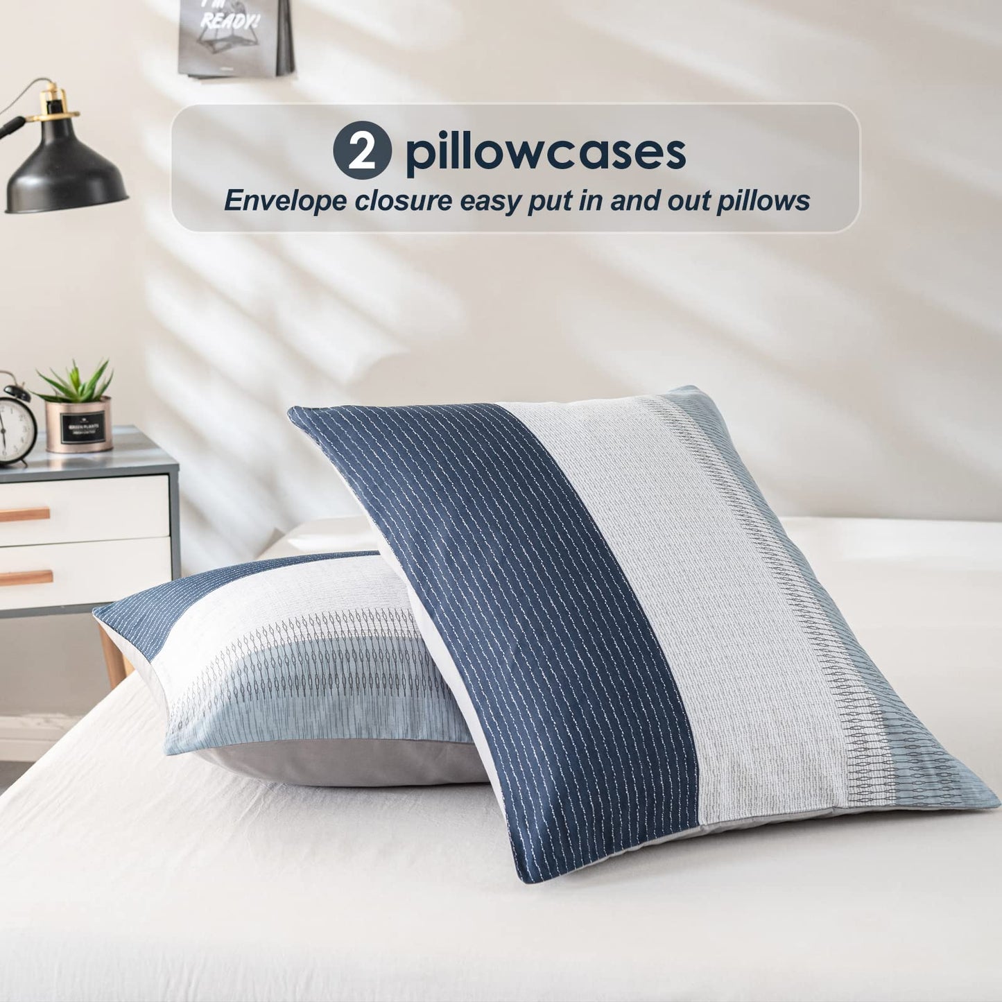 WARMDERN Boho Striped Duvet Cover Set Queen Size Cotton White Grey Bedding Set 3 Piece Ultra Soft Geometric Stripes Duvet Cover with Zipper Closure & Corner Ties 2 Pillowcase(Blue Queen)