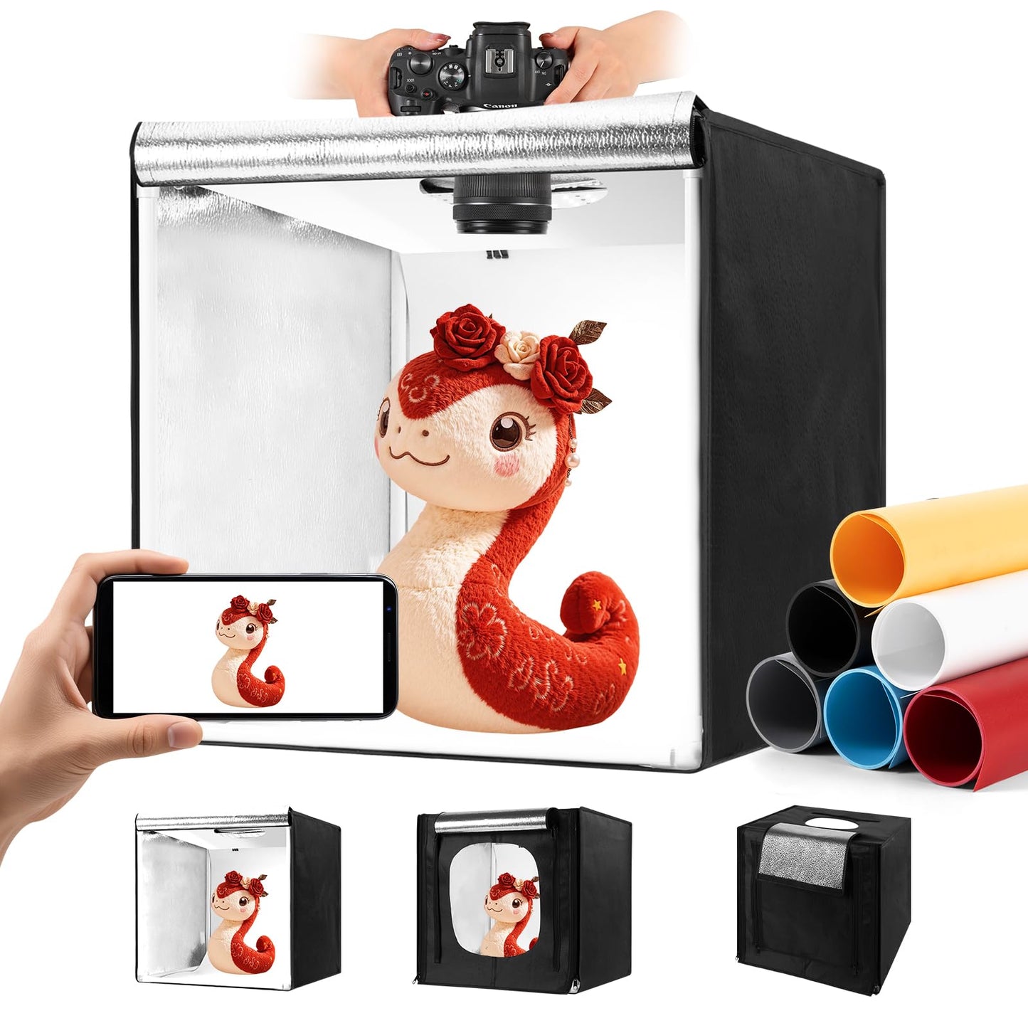 Photo Light Box, 10/12/16/20/24/32 Inch Portable Photo Studio LightBox, CRI>95 189 Light Beads Shooting Tent Kit with 6 Color Backdrops and 3 Stepless Dimming Light Panels for Photography Studio