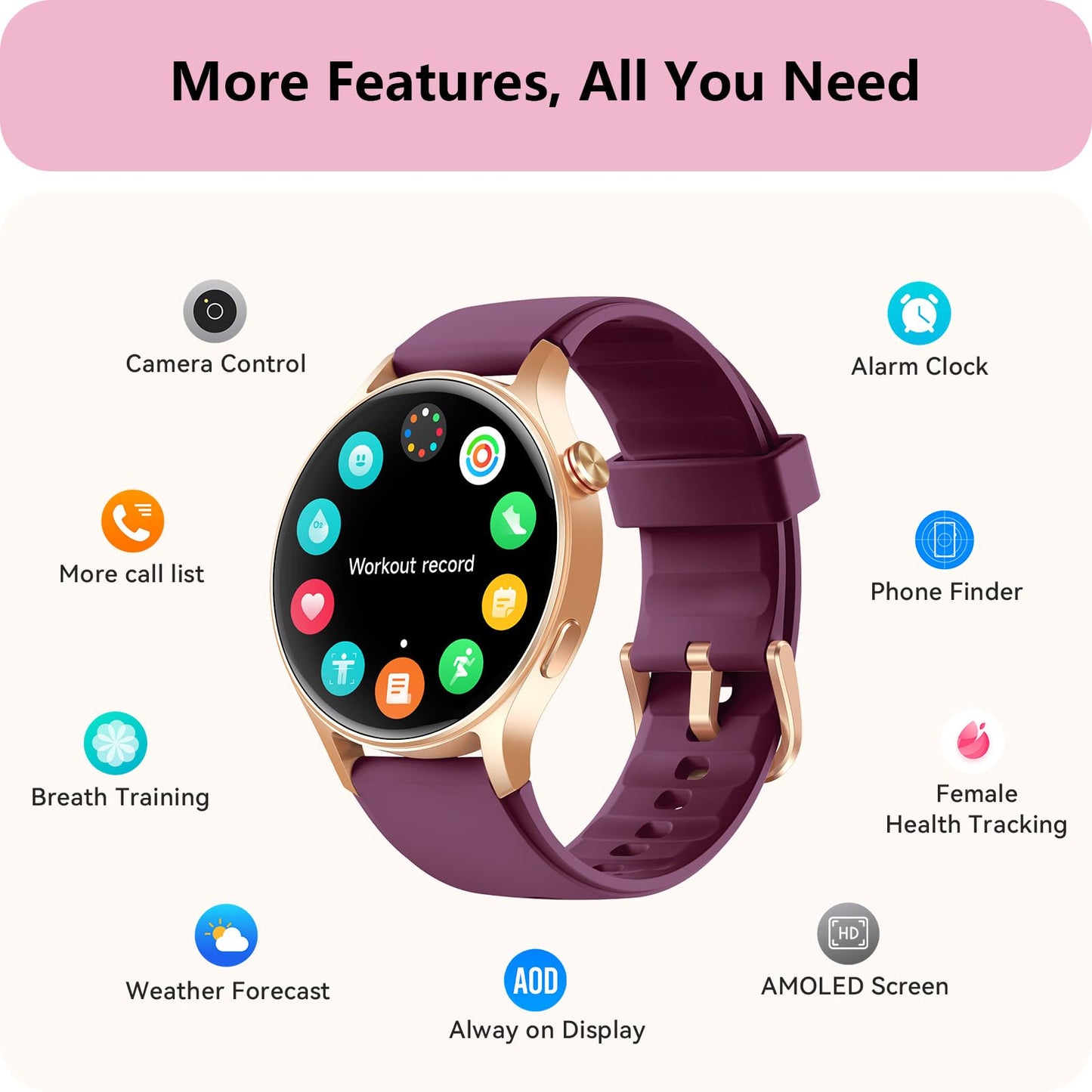 aeac Smart Watch for Women, AMOLED Ultra-Clear Screen Activity Trackers with Heart Rate/Sleep/SpO2 Monitor, Waterproof Fitness Smartwatch for iPhone/Samsung/Android（Deep Purple）