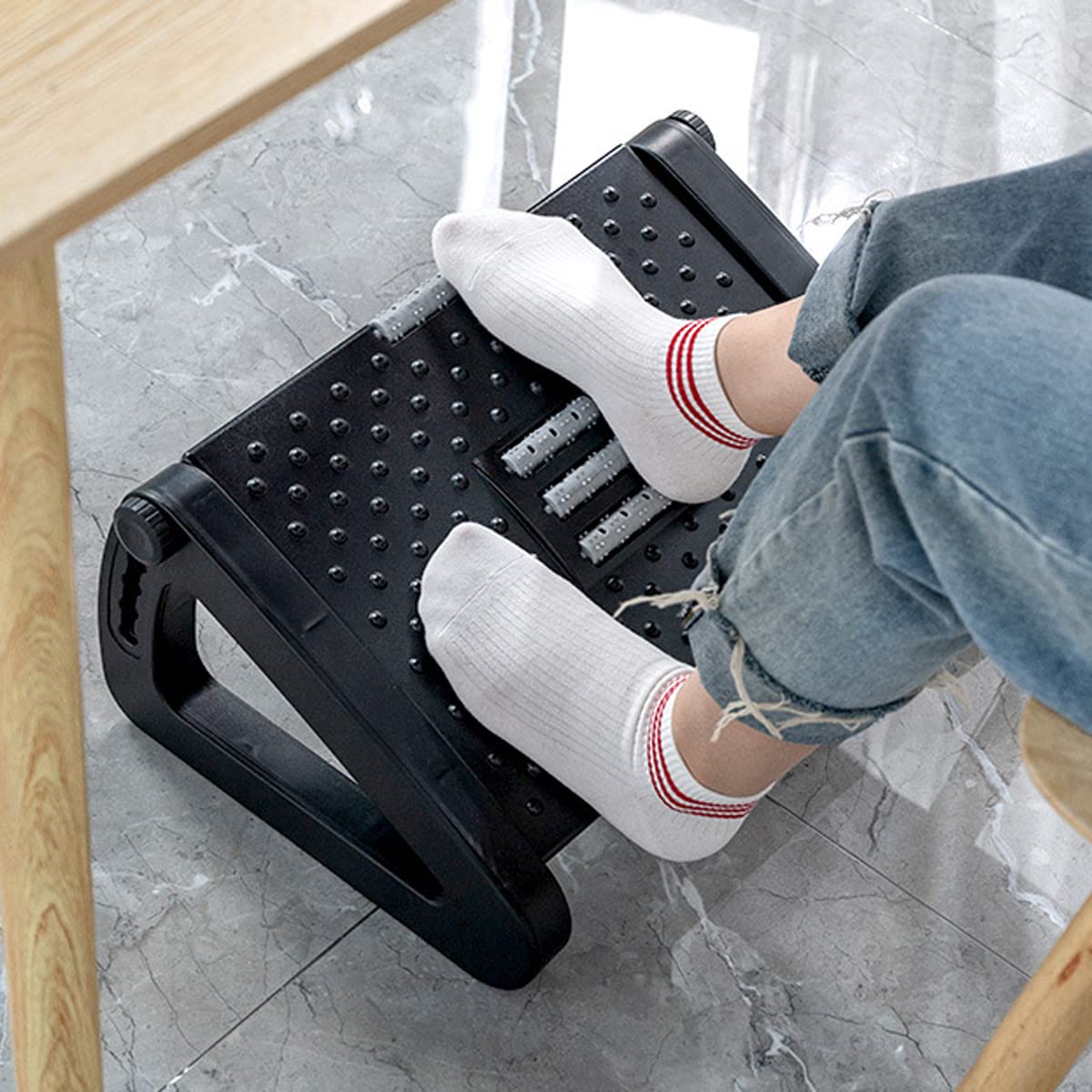 Techson Desk Footrest, Office Massage Texture and Roller Foot Rest with Non-Slip Legs, Ergonomic Adjustable 6 Height Tilting Foot Stool for Home, Office