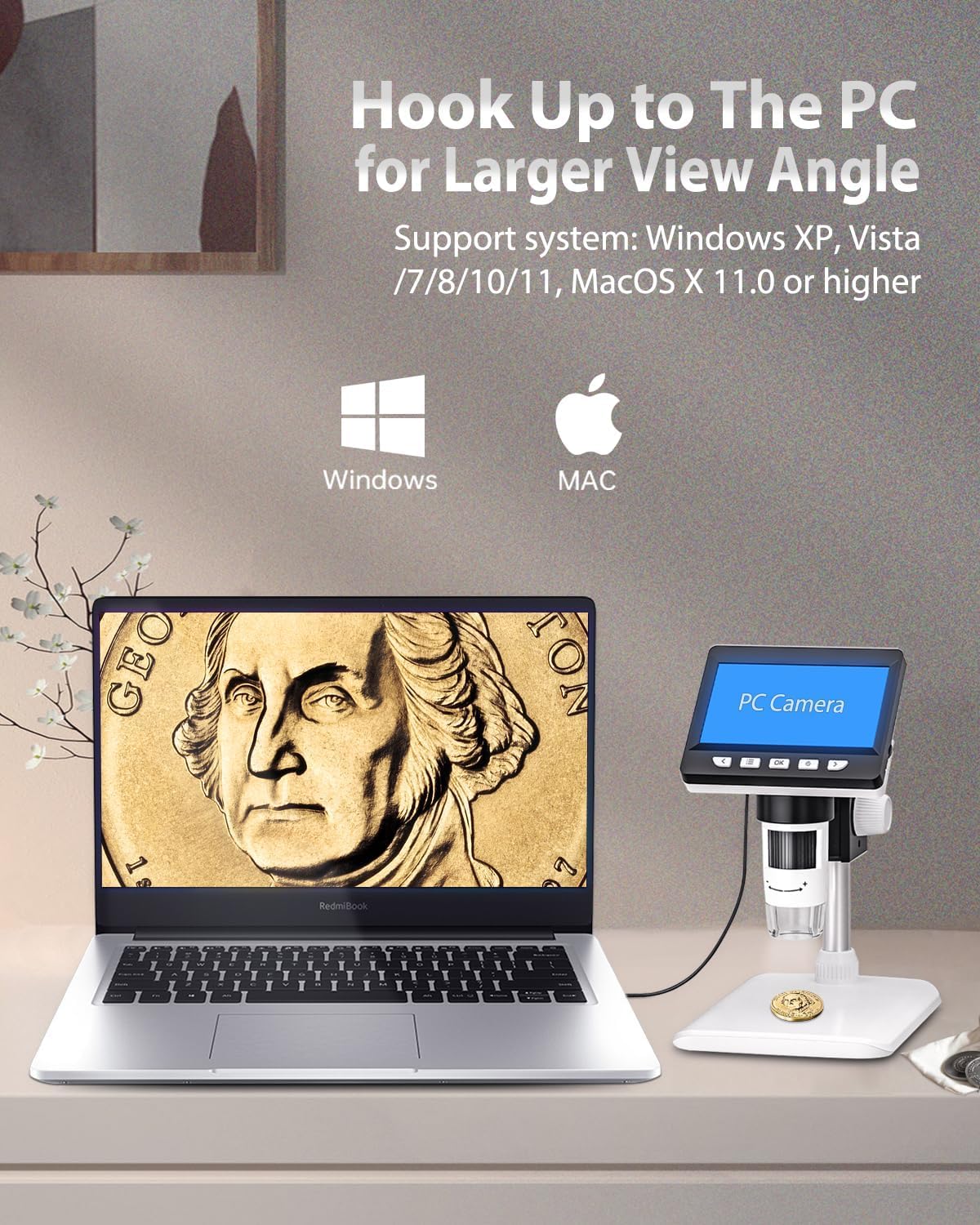 4.3 Inch LCD Digital Microscope, AOPICK Coin Microscope Camera with 50X-1000X Magnification, 1080P USB Microscope for Kids Adults - 8 Adjustable LED Lights, PC View, Compatible with MacOS & Windows