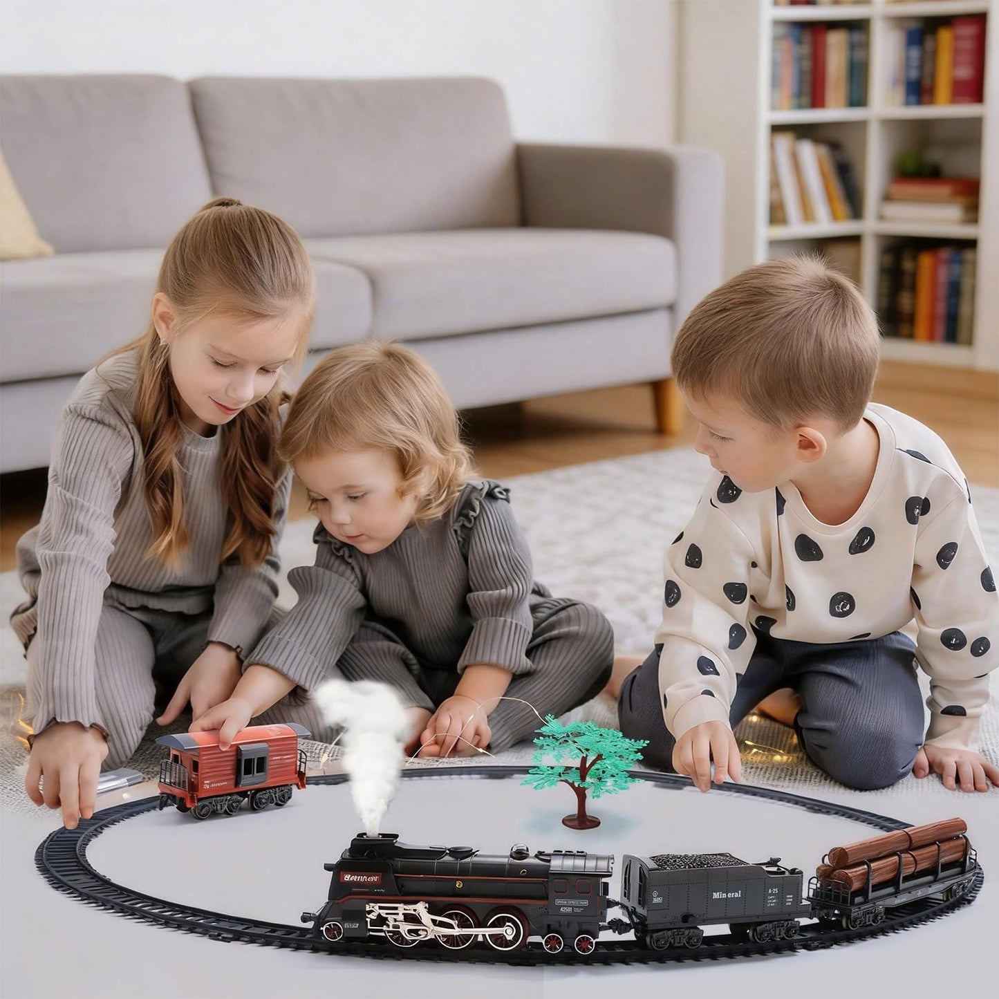 Electric Train Set with Smoke, Sound and Lights, Track Toy for Toddlers and Kids, Birthday Gift for Boys and Girls