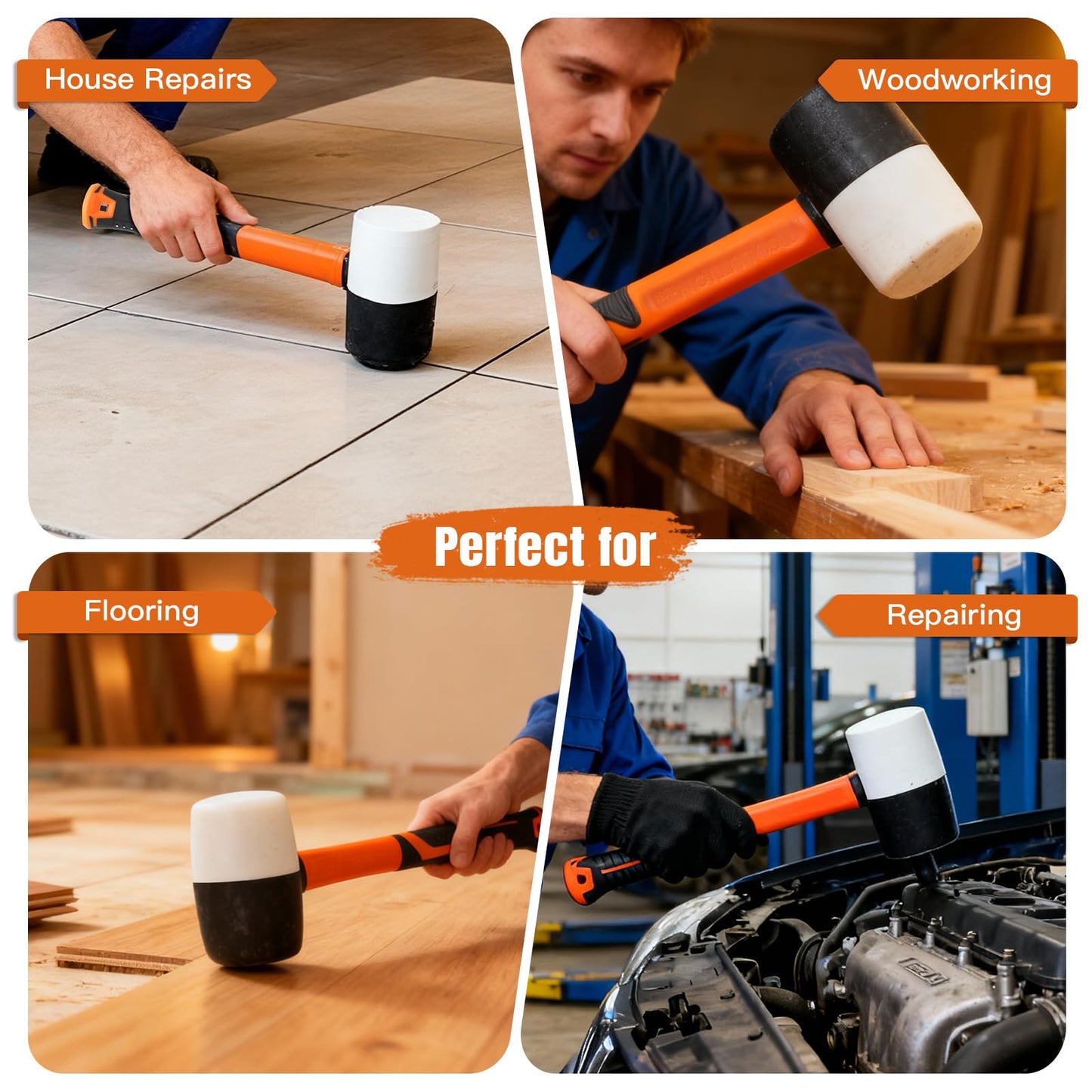 TOOLUTION 4 Piece Rubber Mallet Set - Soft Mallet for Flooring Woodworking - Non-marring Rubber Hammer with Fiberglass Handle