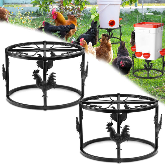 MeyRolizn Metal Stand for Chicken Feeder Waterer, Heavy Duty Poultry Water Feeder Stand Holder with Basin, Rustproof Iron Chicks Feeding Buckets Support Shelves for Indoor Outdoor (Black 2pc)