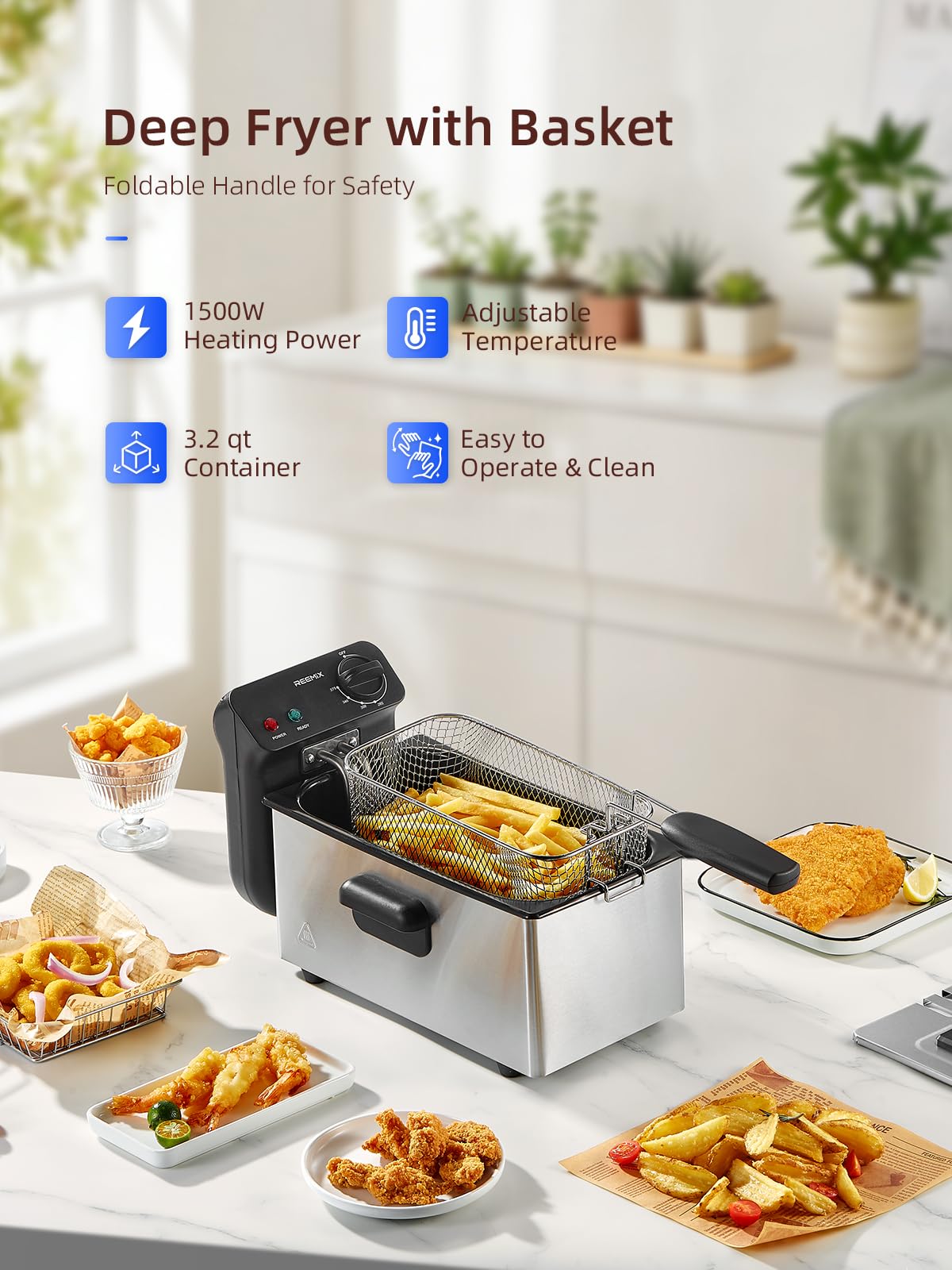 Reemix 3L Electric Deep Fryer 1500W, Adjustable Temperature up to 375°F, Detachable & Dishwasher Safe Oil Pot, Small Countertop Fried Chicken Maker, Stainless Steel