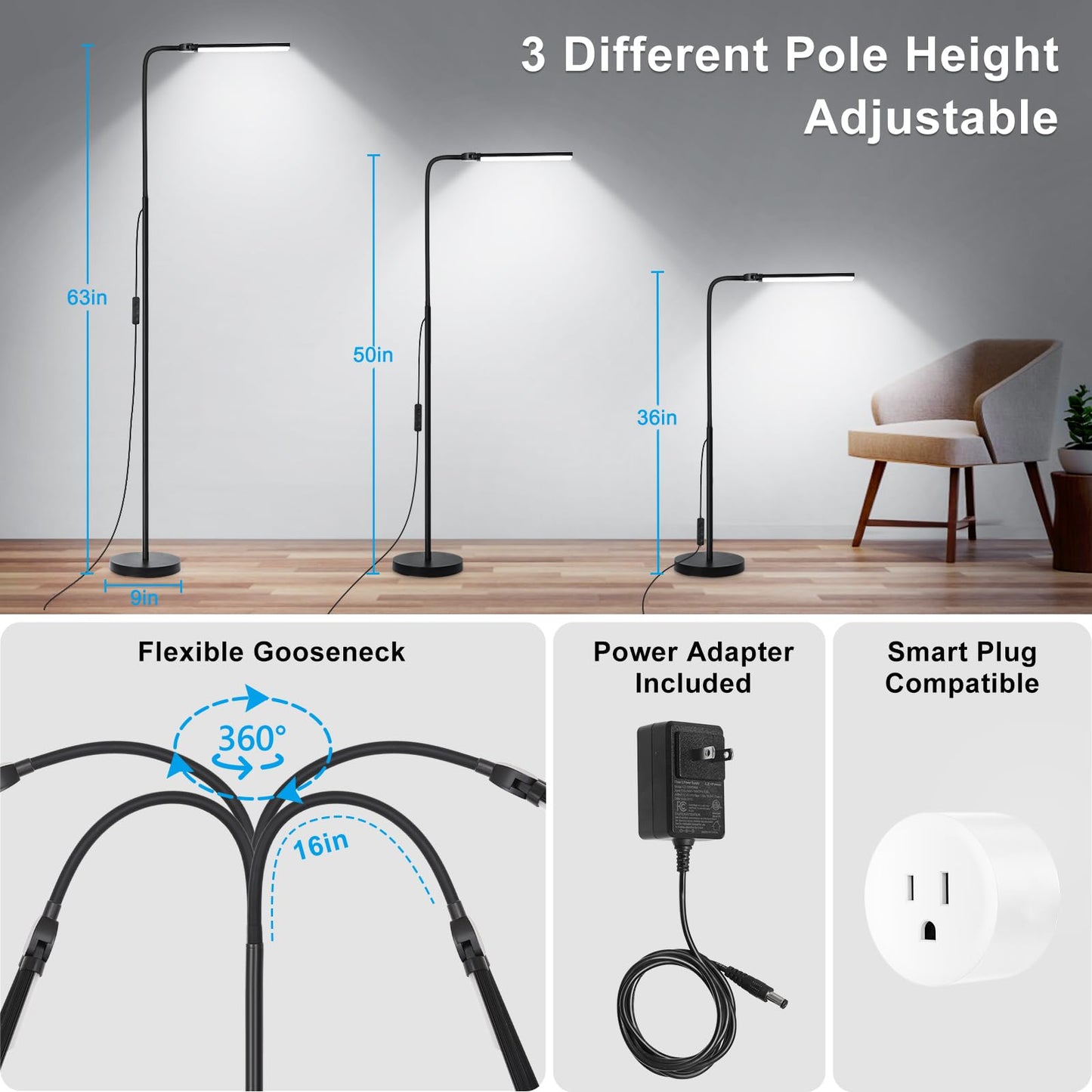 LED Floor Lamp, 18W/2000LM Bright Floor Lamps for Living Room, Dimmable Eye Caring Reading Light with Double Head, Adjustable Gooseneck Modern Standing Office Lamp for Lash Extension Craft Tatoo
