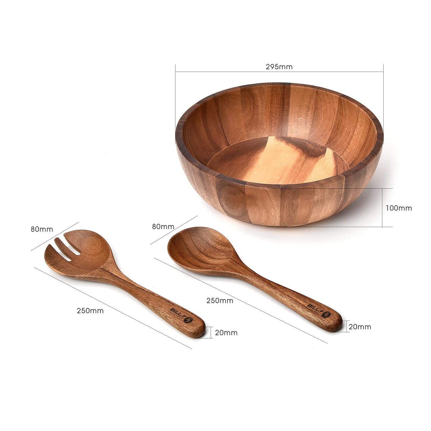 Bill.F Wooden Salad Bowl, 12'' Acacia Wood Salad Bowls Set Large Salad Mixing Bowl with Servers-3-Piece Big Salad Bowl Set