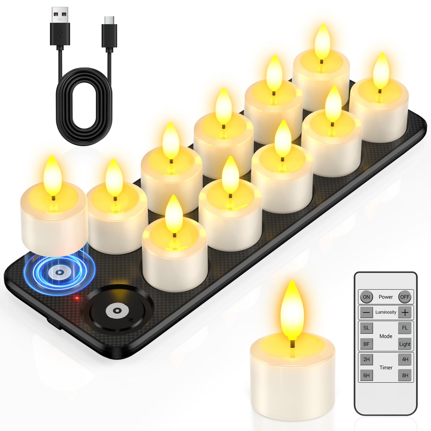 PChero Flameless Candles with Remote Timer & Charging Station, 12 Pack Waterproof Rechargeable LED Tea Lights Fake Floating Candles for Pool Outdoor Lantern Wedding Centerpieces Christmas Decor