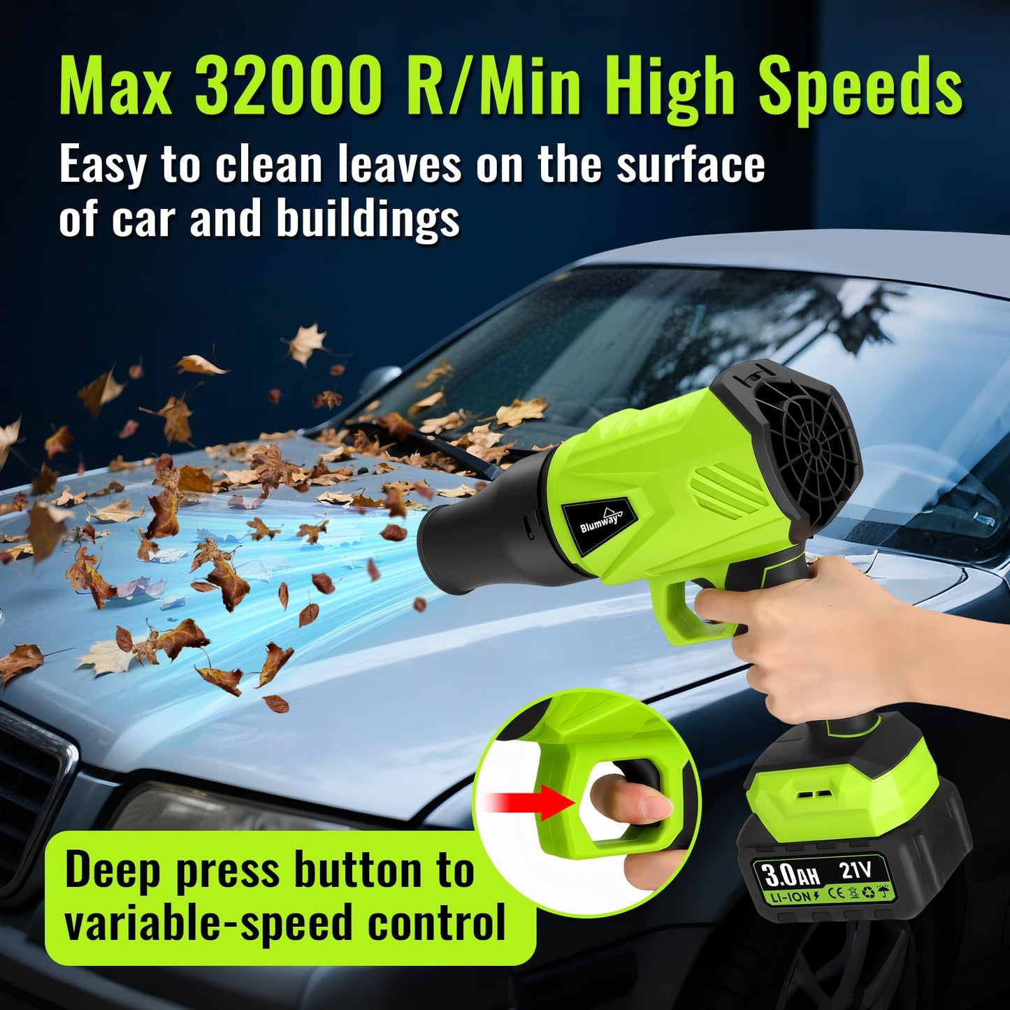 Blumway Leaf Blower Cordless with Battery, 21V Handheld Leaf Blower with 3 Extended Nozzles, Electric Leaf Blowers with 2 Pcs 3.0Ah Batteries, Portable Leaf Blowers for Lawn Care, Leaves,Dust, Car