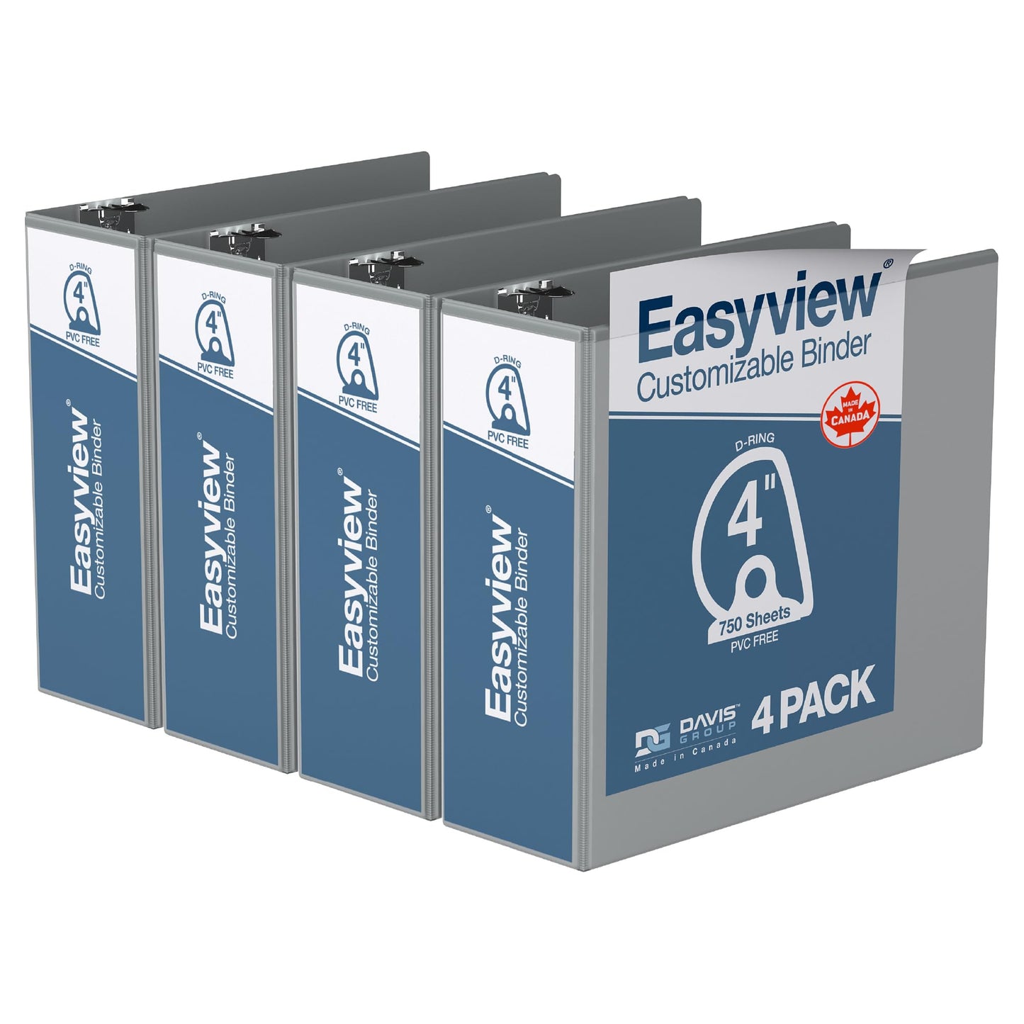 Easyview Premium 3-Ring Binders with Clear-View Covers and D Rings, Binders for School or Office, 4 Inch, Pack of 4, Grey