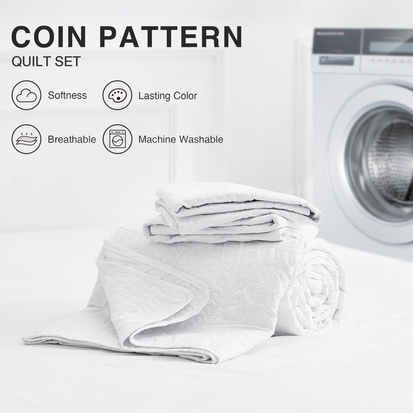 Love's cabin King Size Quilt Set White Bedspreads - Soft Bed Summer Quilt Lightweight Microfiber Bedspread- Modern Style Coin Pattern Coverlet for All Season - 3 Piece (1 Quilt, 2 Pillow Shams)