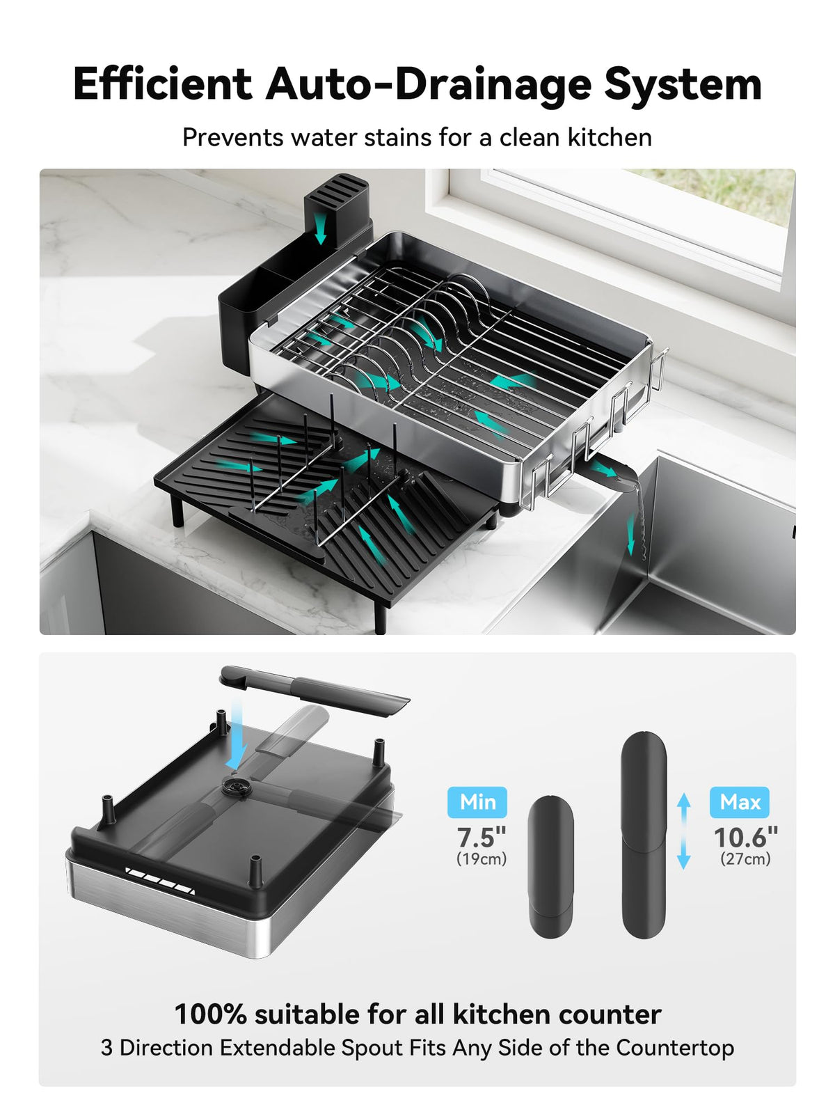 SUNLY Large Dish Drying Rack, for Kitchen Counter, Space Saving 304 Stainless Steel Dish Racks with Drain Board, Extra Large Dish Drainer with Multifunctional Flip Up Pegs, Black