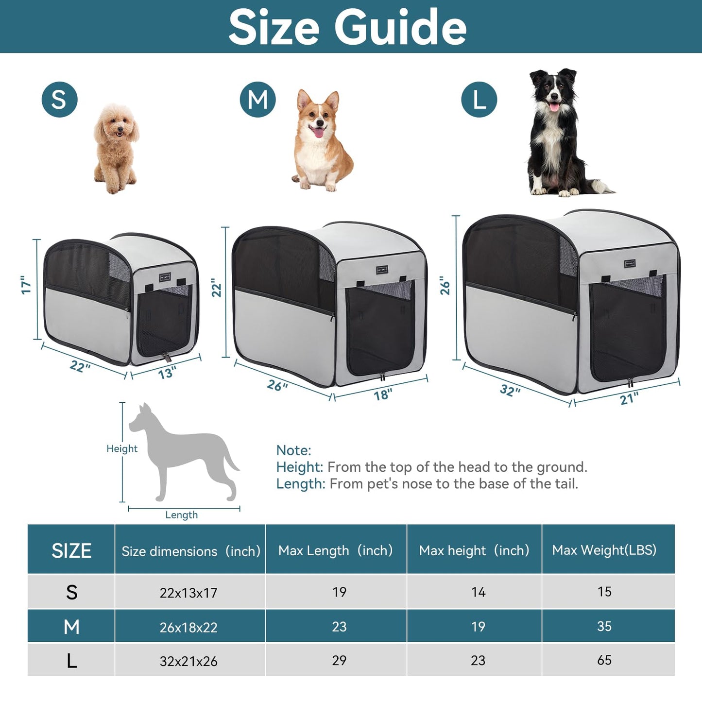 Petsfit Travel Dog Crate，Pop Up Dog Crate for Medium Large Dogs，Waterproof Pet Cage Soft Dog Kennel for Indoor/Outdoor，Lightweight Dog Carrier for Travelling，Grey