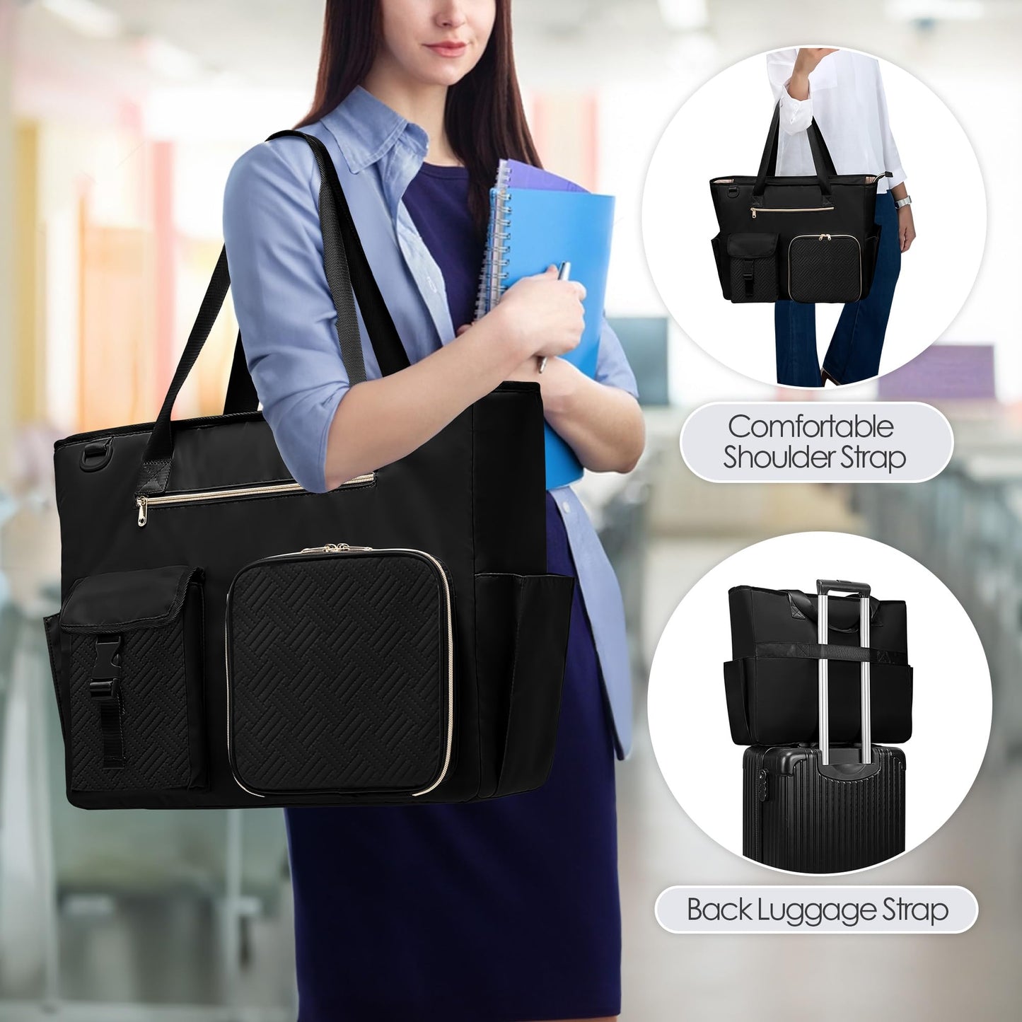 Fasrom XXL Teacher Bag for Work Women with 15.6 inches Laptop Compartment, Extra Large Utility Tote Bags to Hold Teacher Supplies and More, Black (Patent Design)