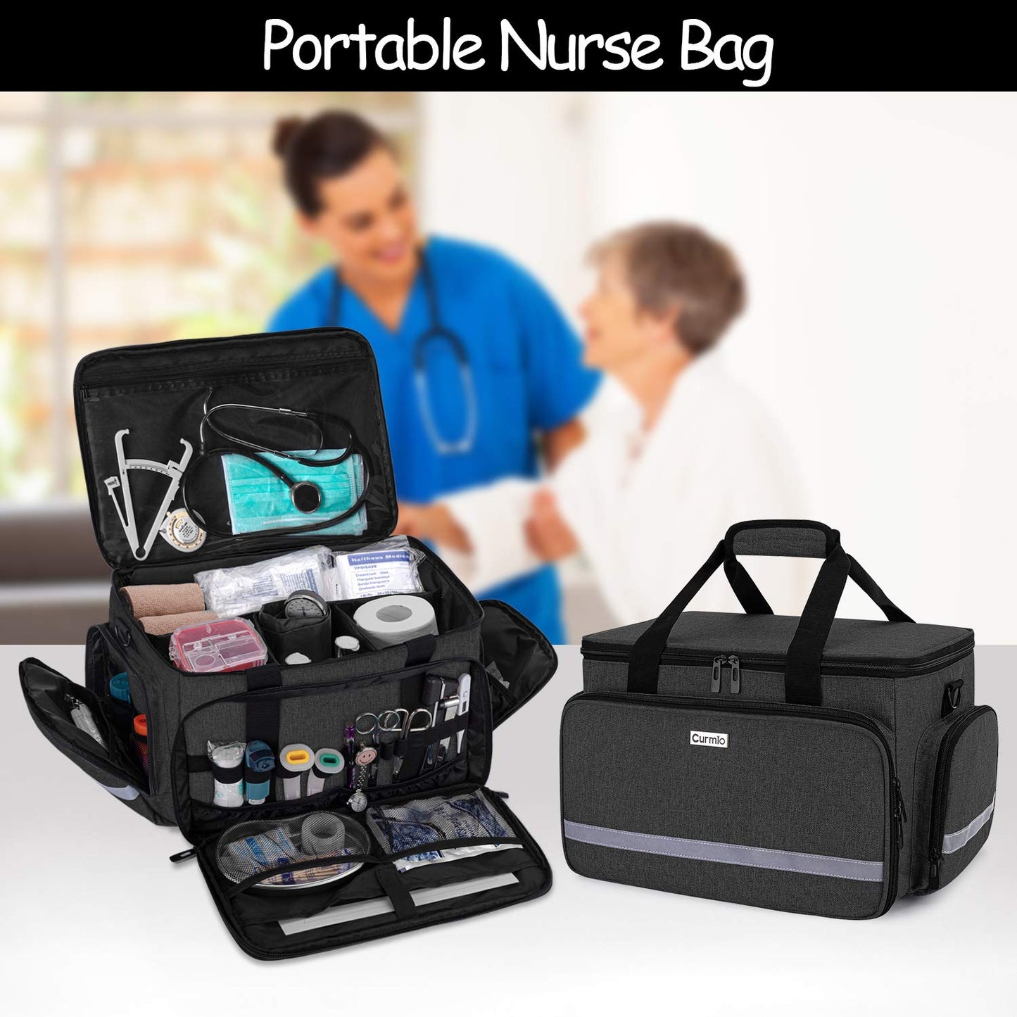 CURMIO Nurse Bag, Medical Bag Clinical Bag with Inner Dividers and No-Slip Bottom for Home Visits, Health Care, Hospice, Gift for Nursing Students, Physical Therapists, Doctors, Bag Only, Black