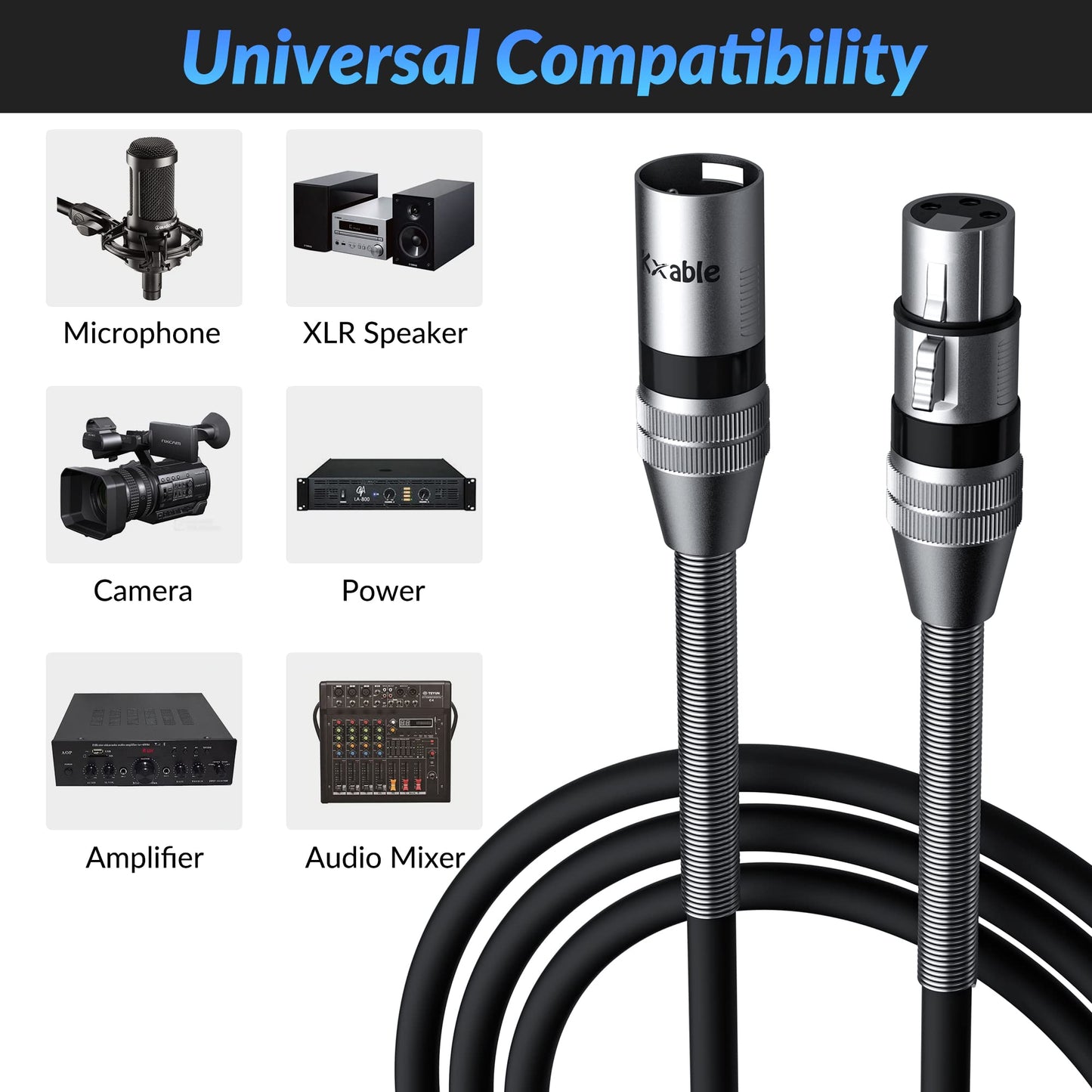 Kxable XLR Microphone Cable 40FT, XLR Male to Female Balanced Mic Cable, 3-Pin Shielded Speaker Cord, Zinc Alloy Connectors, Premium 22AWG Pure Copper, Metal Spring SR, Recording Studio, Podcast