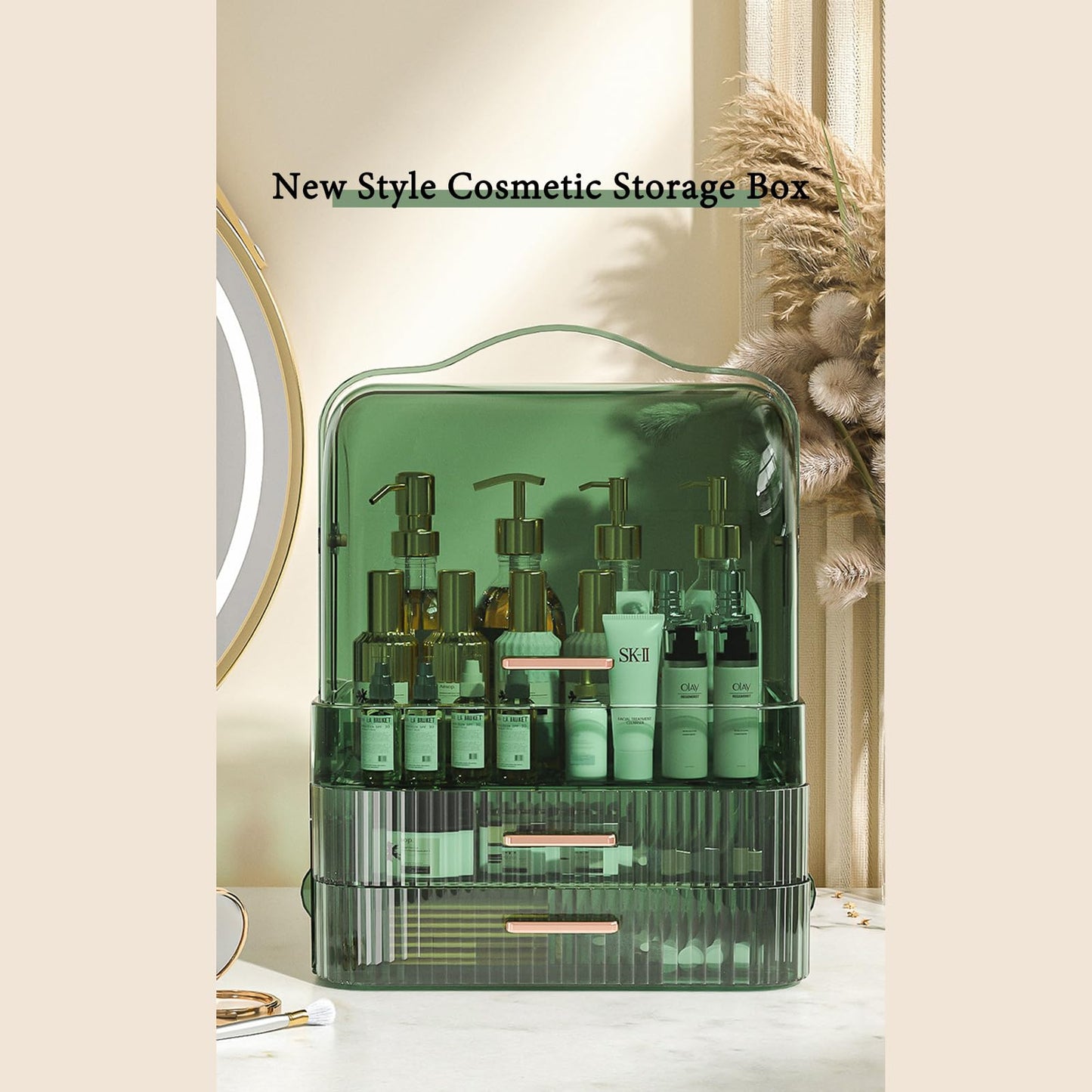 LINFIDITE Cosmetics Storage Box Transparent Lid Large Makeup Organizer Box Drawers Portable Handle Waterproof Dustproof Skincare Display Cases for Countertop, Bathroom, Dresser,Gift Clear Green