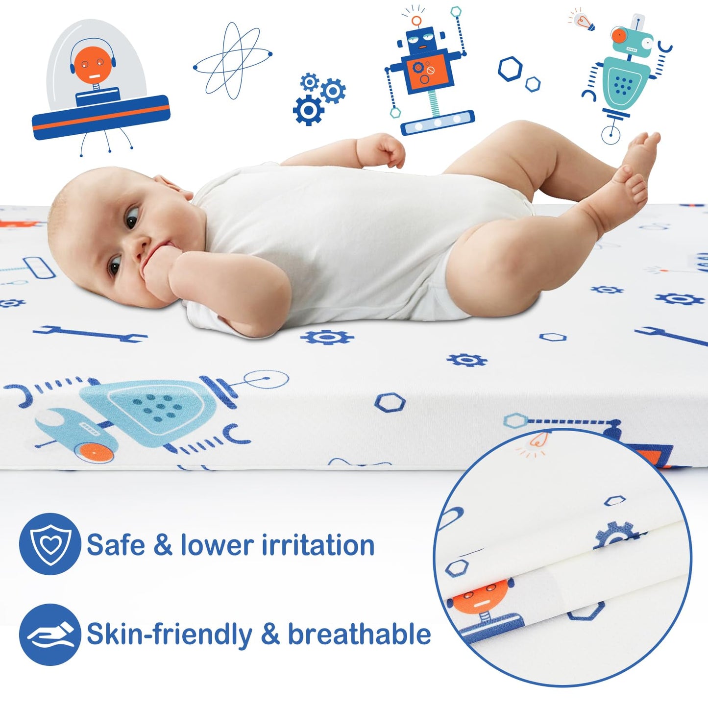 Viviland Mattress, 38" X 26" Pack N Play Mattress Premium Soft Foam Portable for Pack and Play Topper, Breathable, Comfortable and Stable, Robot Printed Mini Pad
