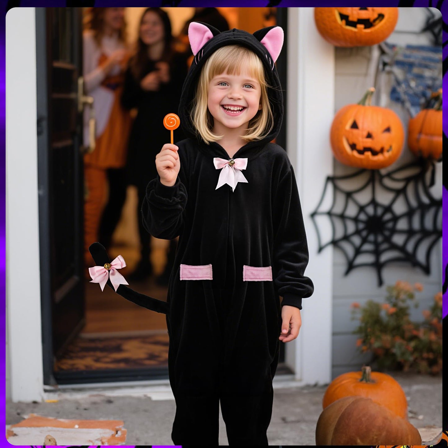 ANPHILE Kids Cat Costumes for Girls, Black Cat Costume for Girl with Cute Kitty Purse Bag, Halloween Costumes for Girls Kids