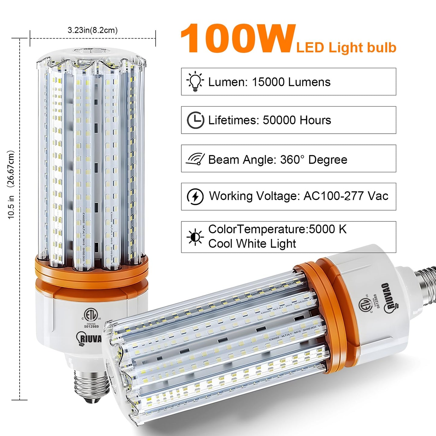 1000W Equivalent LED Corn Bulb, 15000 Lumen Led Corn Light Bulb, 2 Pack 5000K Daylight White E26 E39 LED Bulbs for Large Area Lighting Wide Application for Warehouse