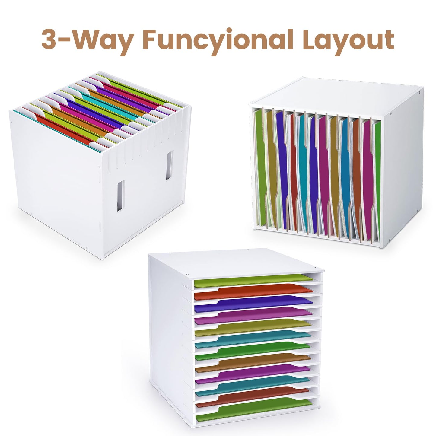 bimiti Scrapbook Paper Organizer - Adjustable 12-Slot Desktop Shelf, 12x12 Paper Storage Cube with Letter Tray for Home Office - White