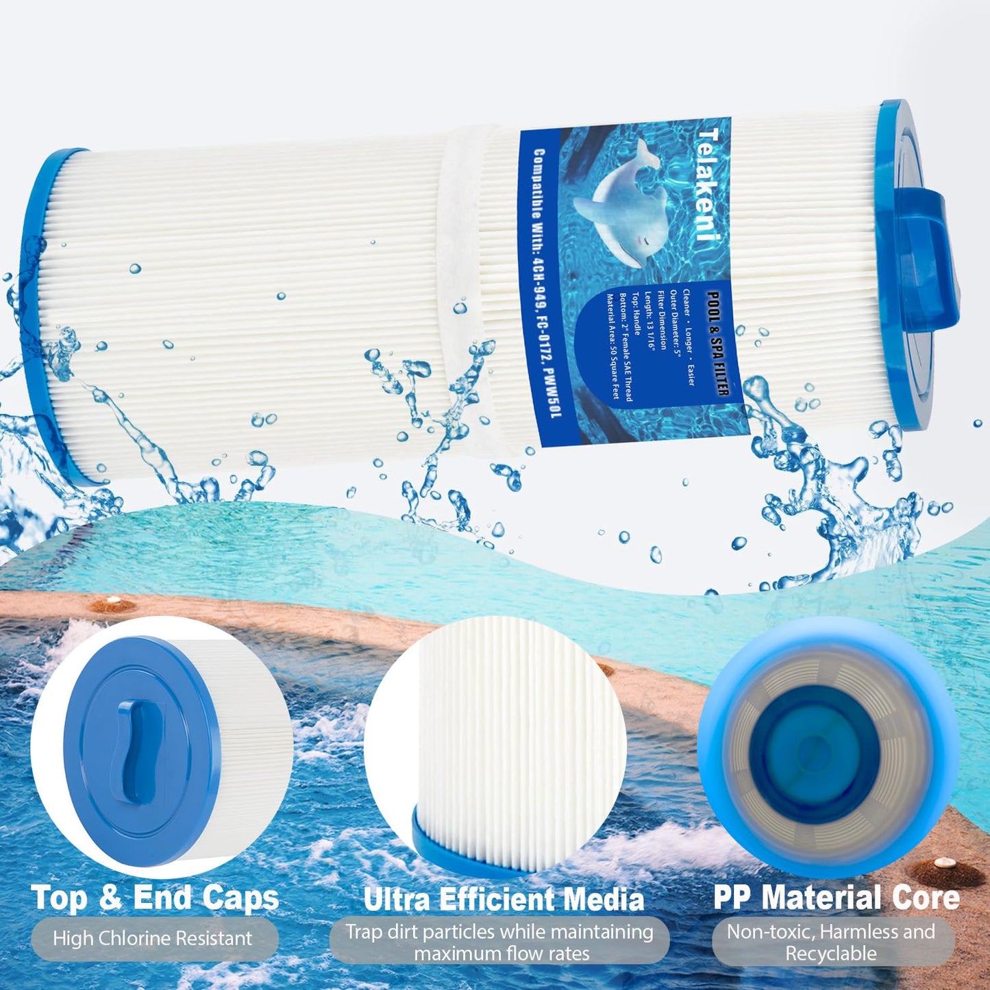 Telakeni 2 Pack 4CH-949 Spa Hot Tub Filter Compatible with Pleatco PWW50L, Unicel 4CH-949, Filbur FC-0172, SD-01143, 817-4050,AK-90091 Rising Dragon 50, Waterway Teleweir 50 sqft.