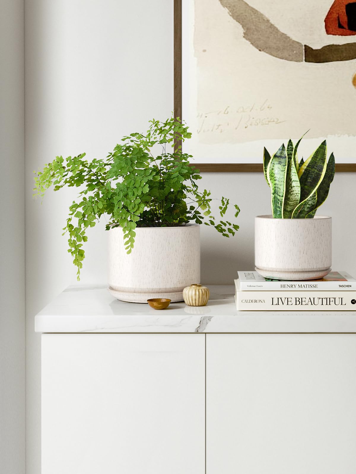 LE TAUCI Ceramic Plant Pots, Set of 3, 4.3+5.3+6.8 inch Plant Pots Indoor, Planters Pots with Drainage Hole & Saucer, Indoor Flower Pot with Mesh Pad, Pot Plante Interieur, Reactive Glaze Beige